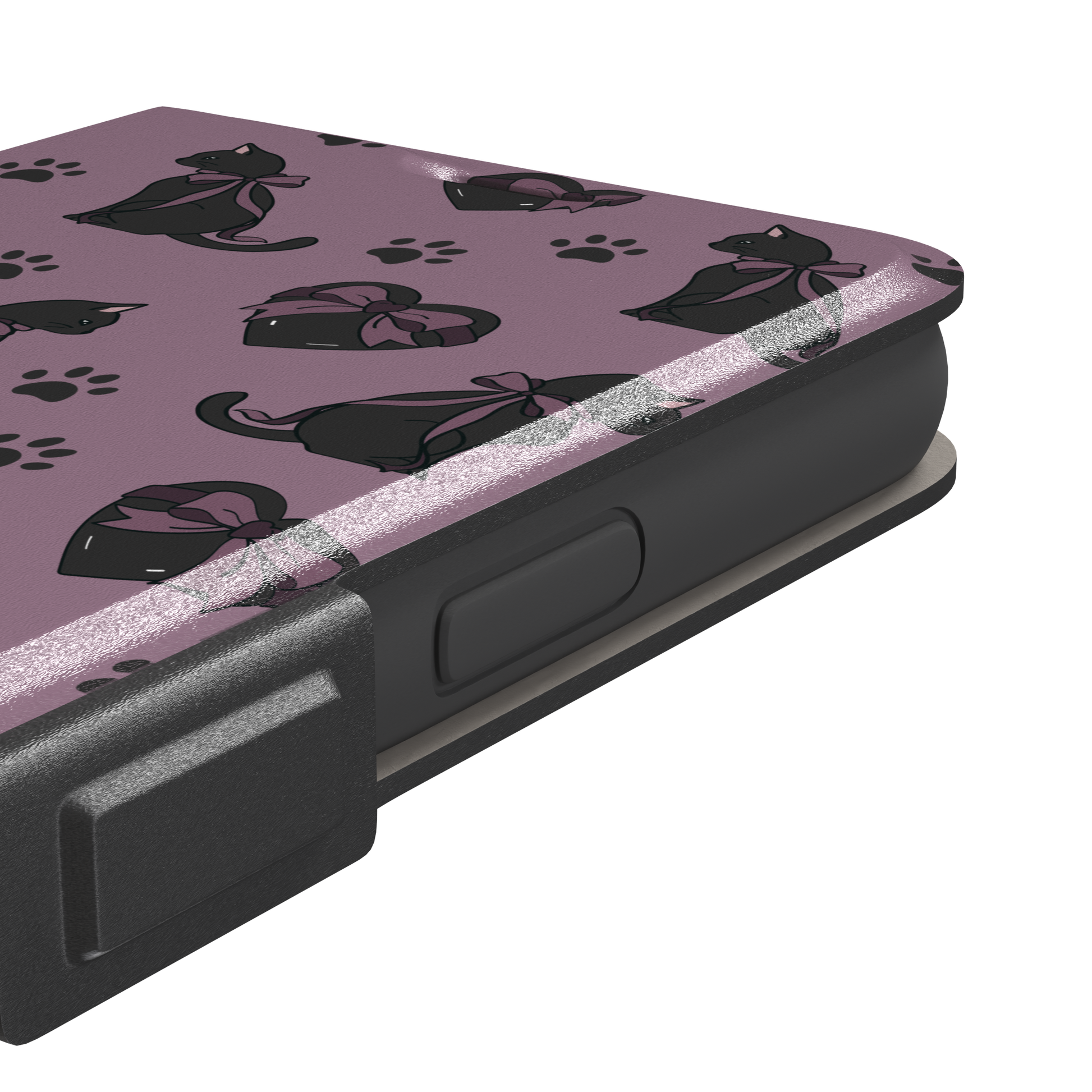 Black Cat coquette phone case in dusty mauve with black cat silhouettes in pink bows, heart gift boxes and paw prints — wallet case, volume buttons detail