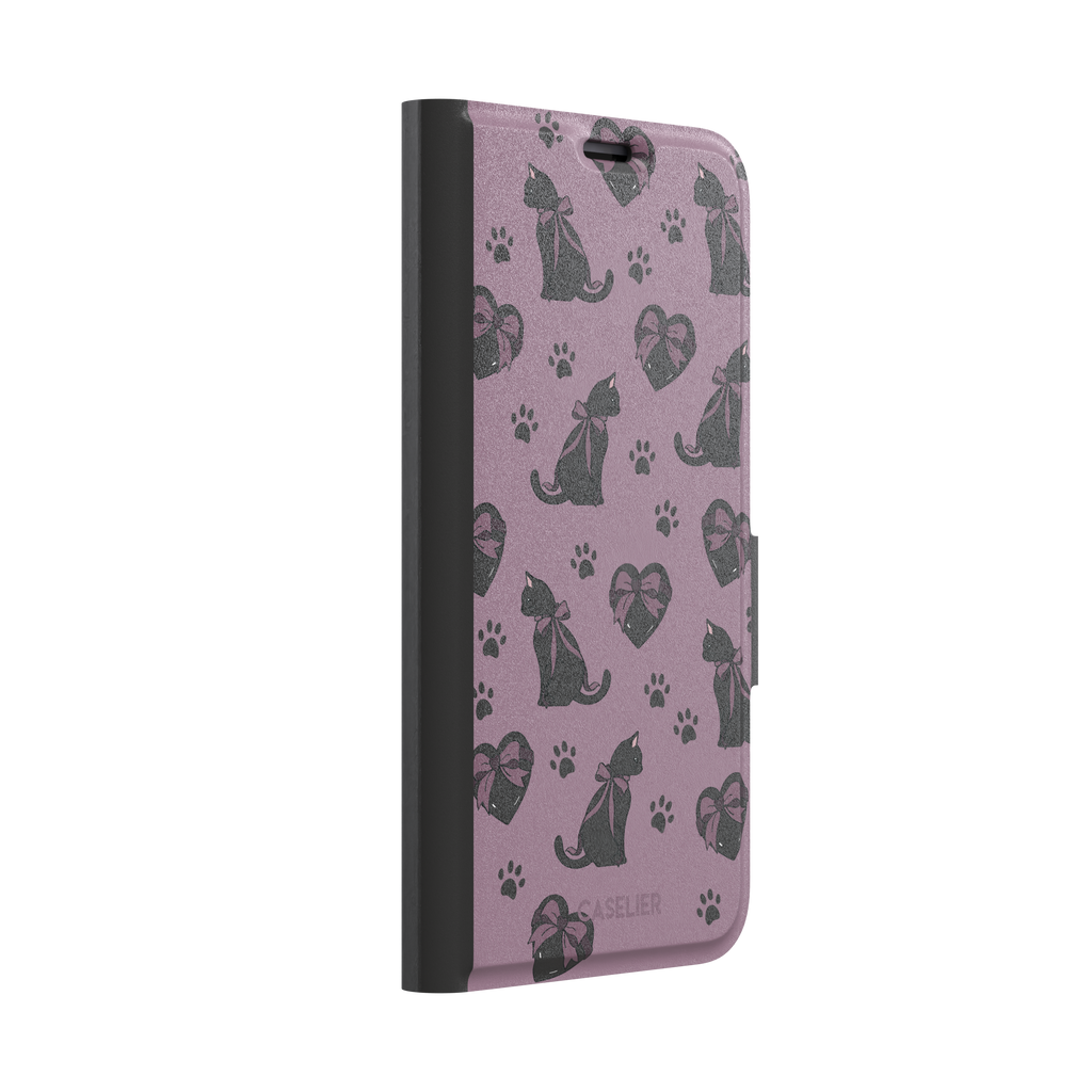 Black Cat coquette phone case in dusty mauve with black cat silhouettes in pink bows, heart gift boxes and paw prints — wallet case, left view