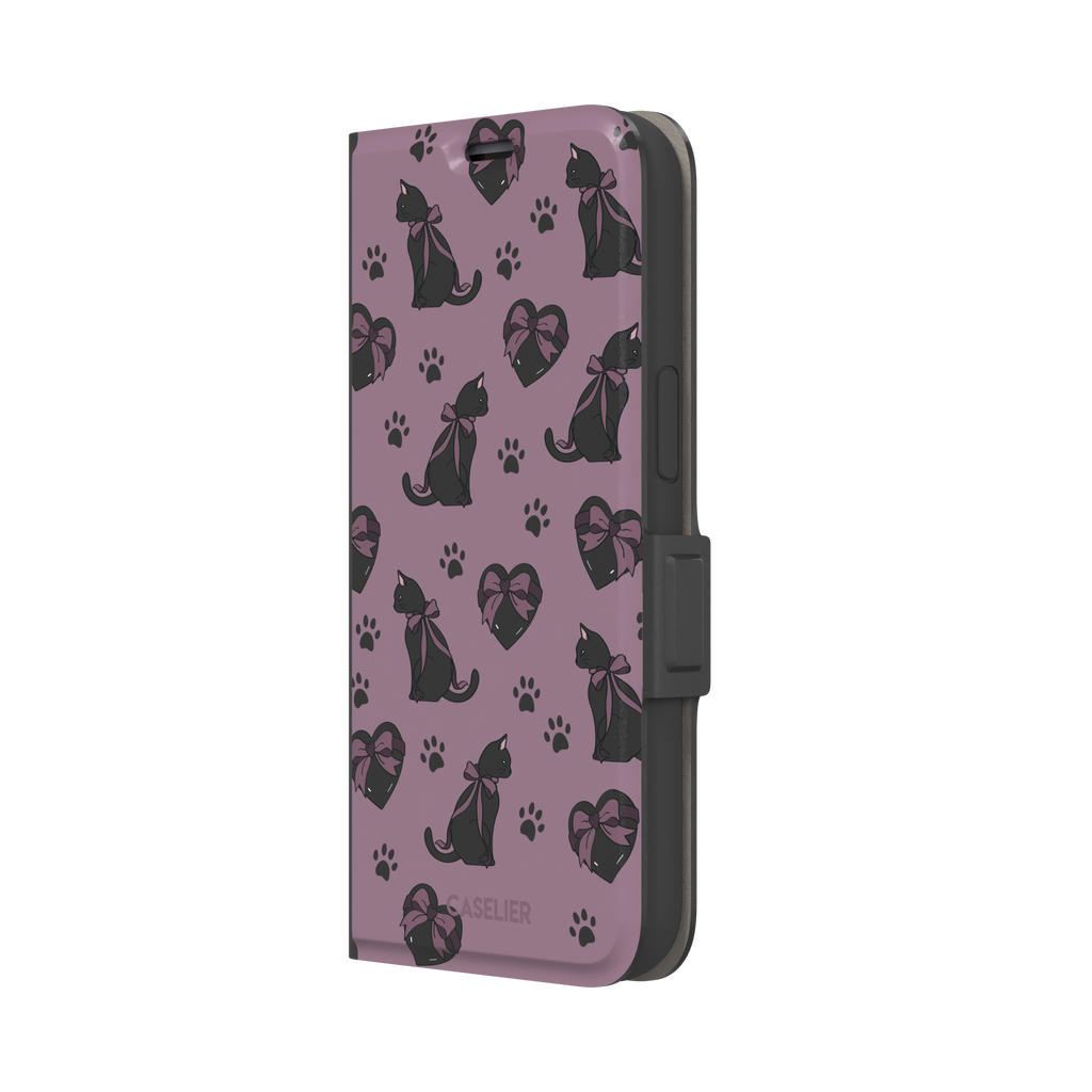 Black Cat coquette phone case in dusty mauve with black cat silhouettes in pink bows, heart gift boxes and paw prints — wallet case, right view