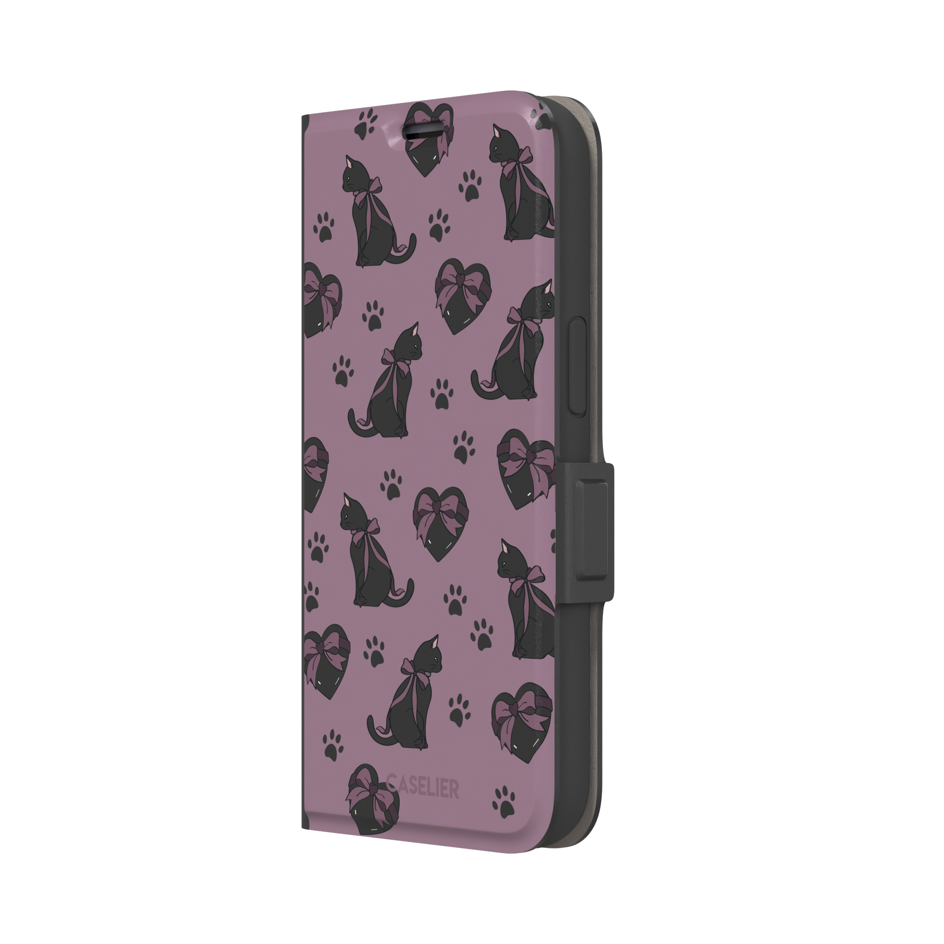 Black Cat coquette phone case in dusty mauve with black cat silhouettes in pink bows, heart gift boxes and paw prints — wallet case, right view
