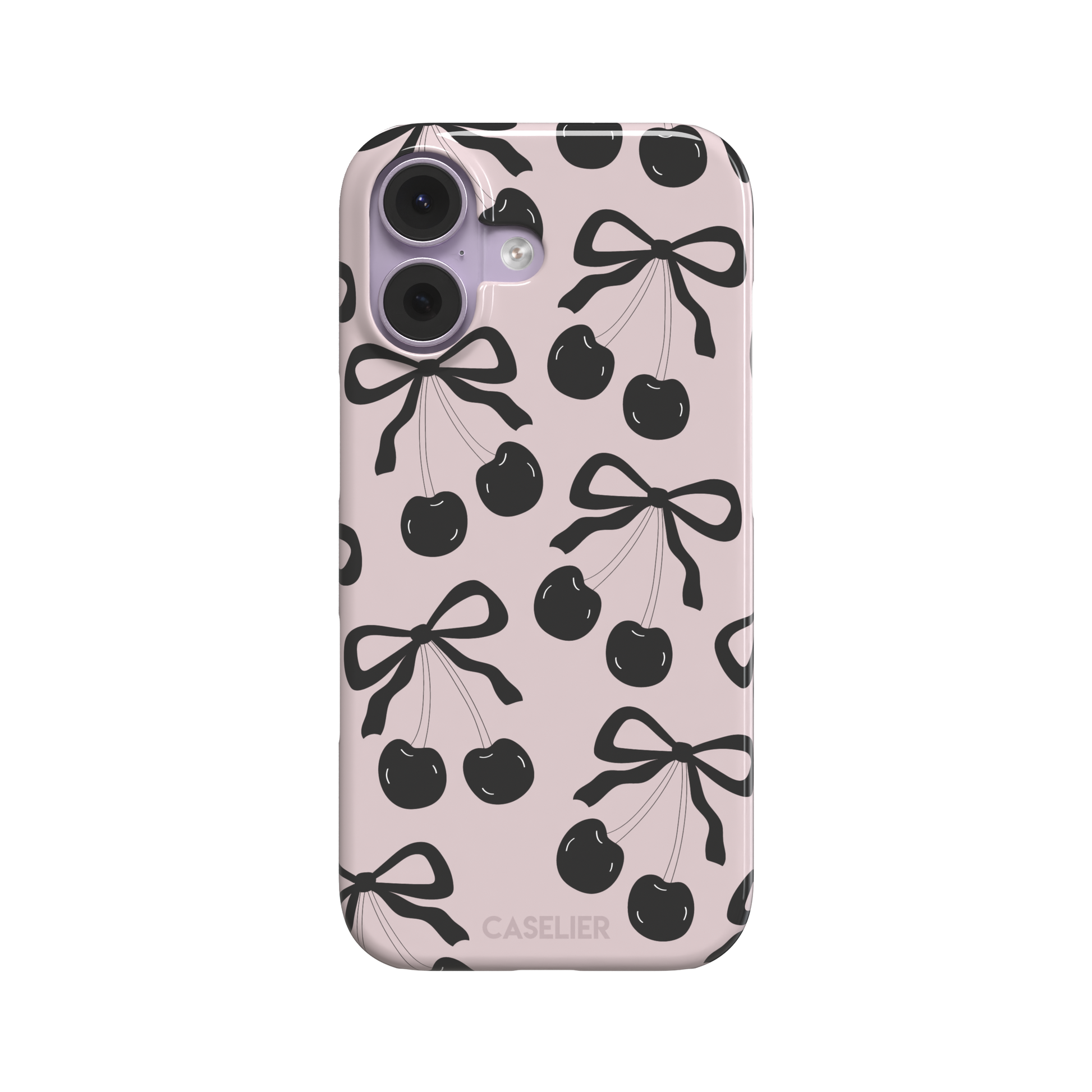 Black Cherry phone case with an all-over pattern of black cherries and ribbon bows on a blush pink background, phone case by Caselier — snap case, front view
