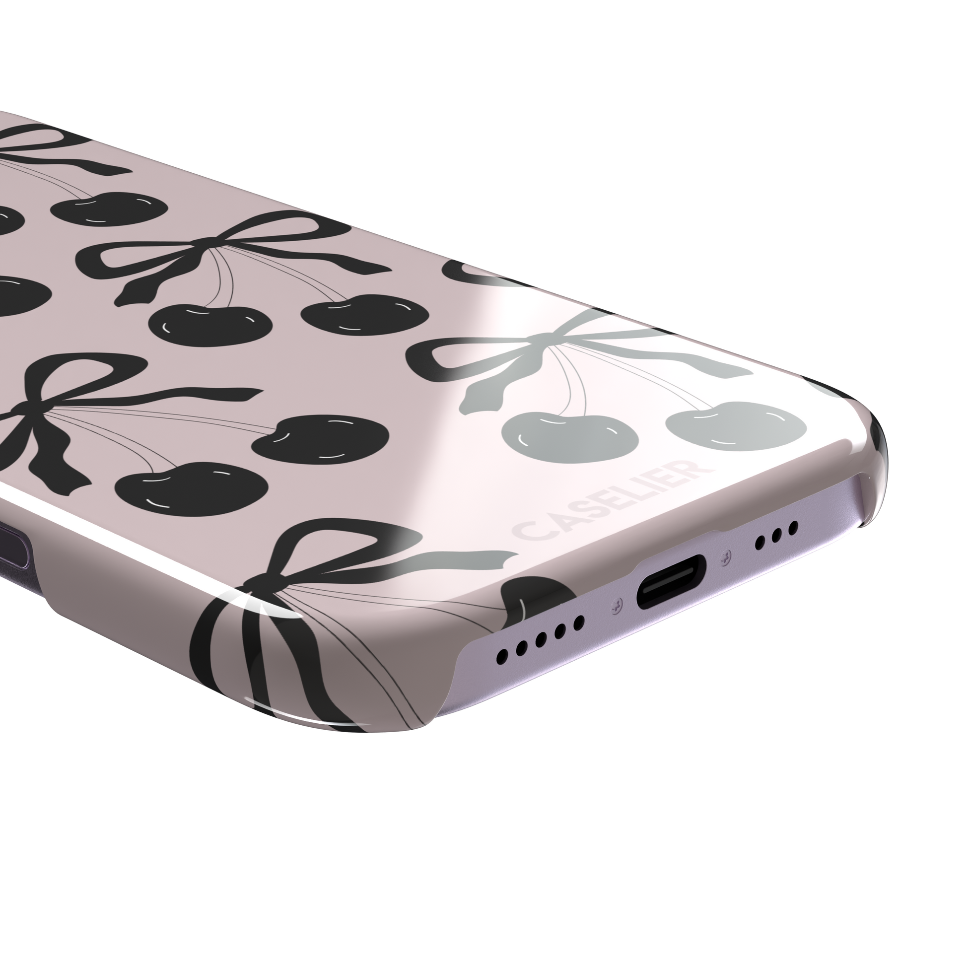 Black Cherry phone case with an all-over pattern of black cherries and ribbon bows on a blush pink background, phone case by Caselier — snap case, charging port detail