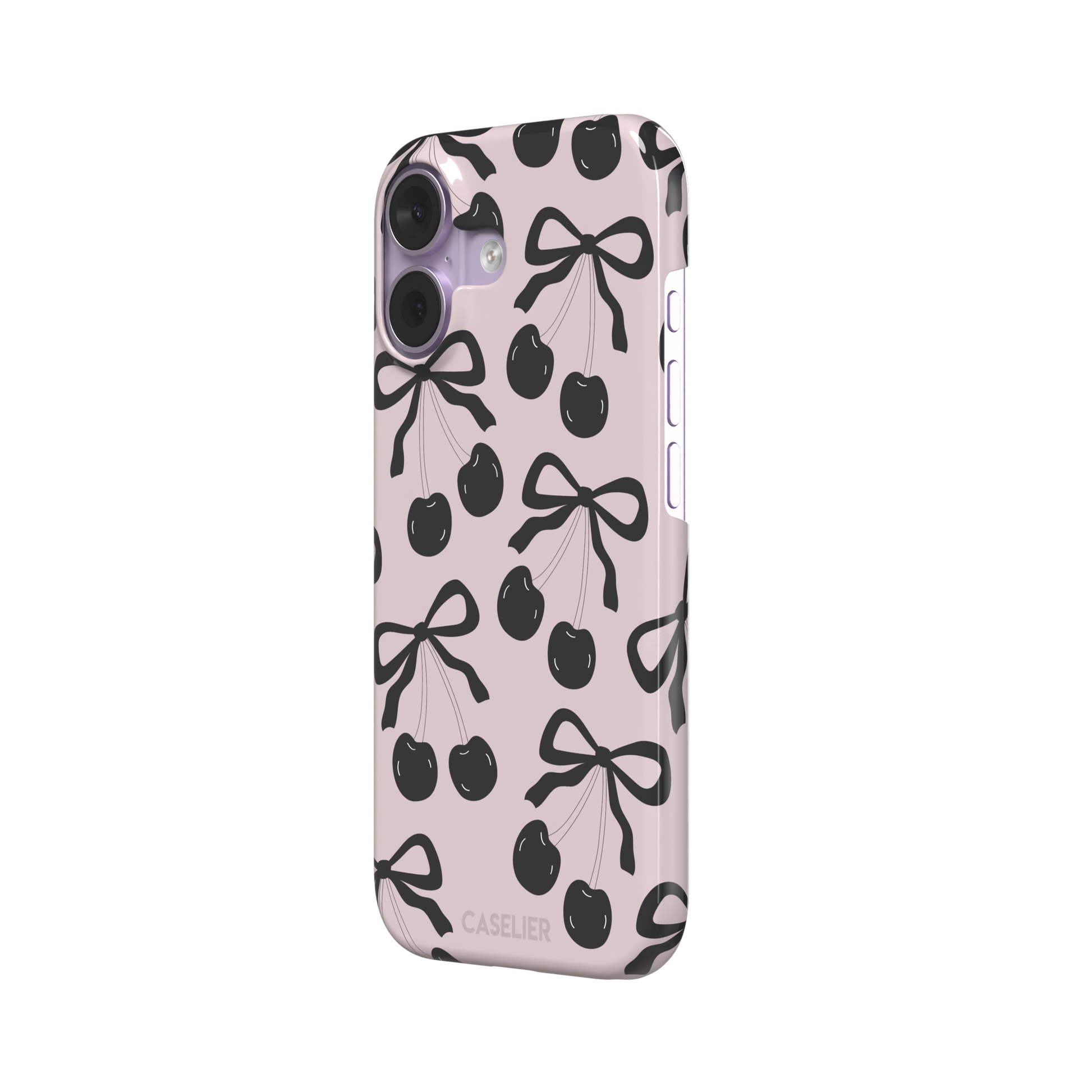 Black Cherry phone case with an all-over pattern of black cherries and ribbon bows on a blush pink background, phone case by Caselier — snap case, right view