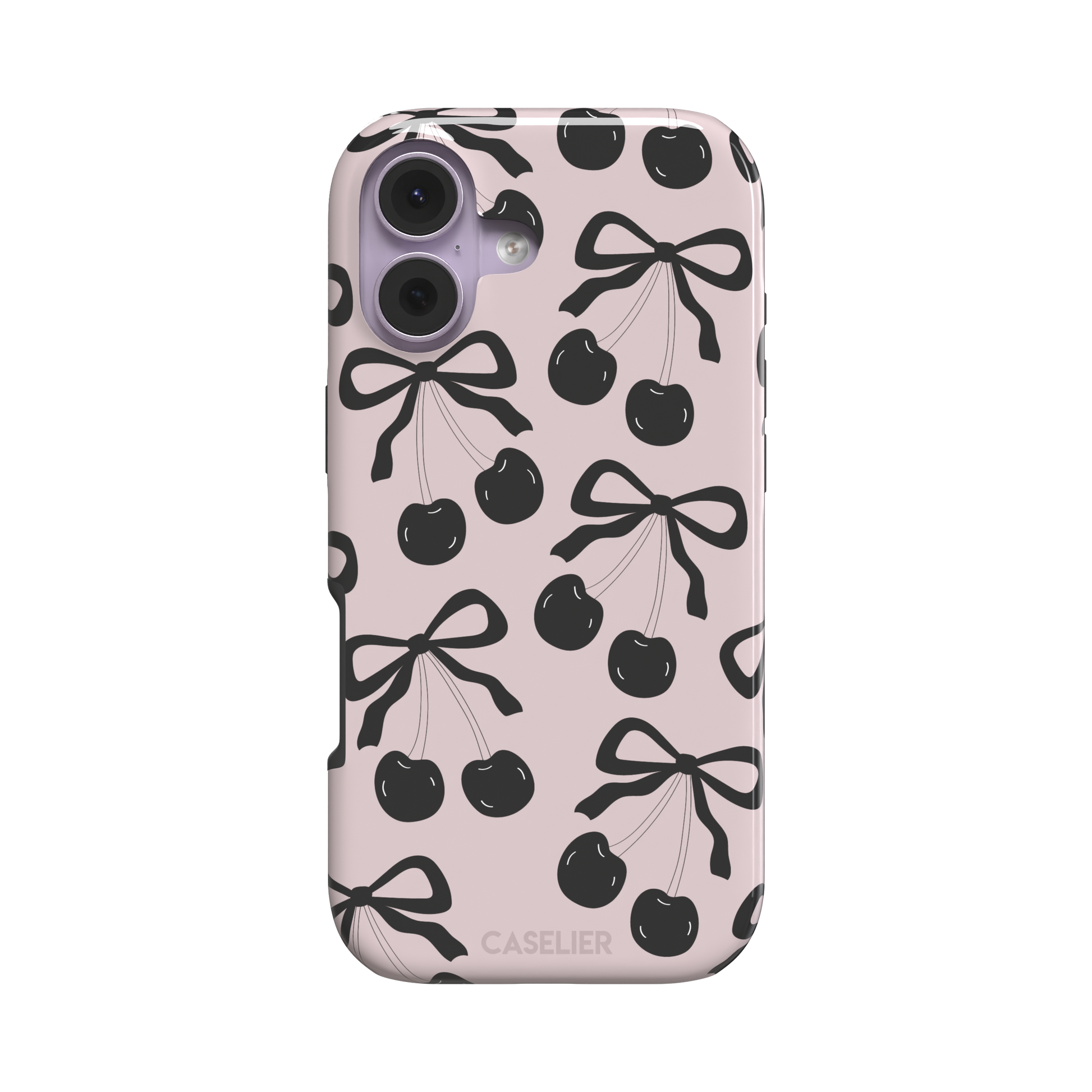 Black Cherry phone case with an all-over pattern of black cherries and ribbon bows on a blush pink background, phone case by Caselier — tough case, front view
