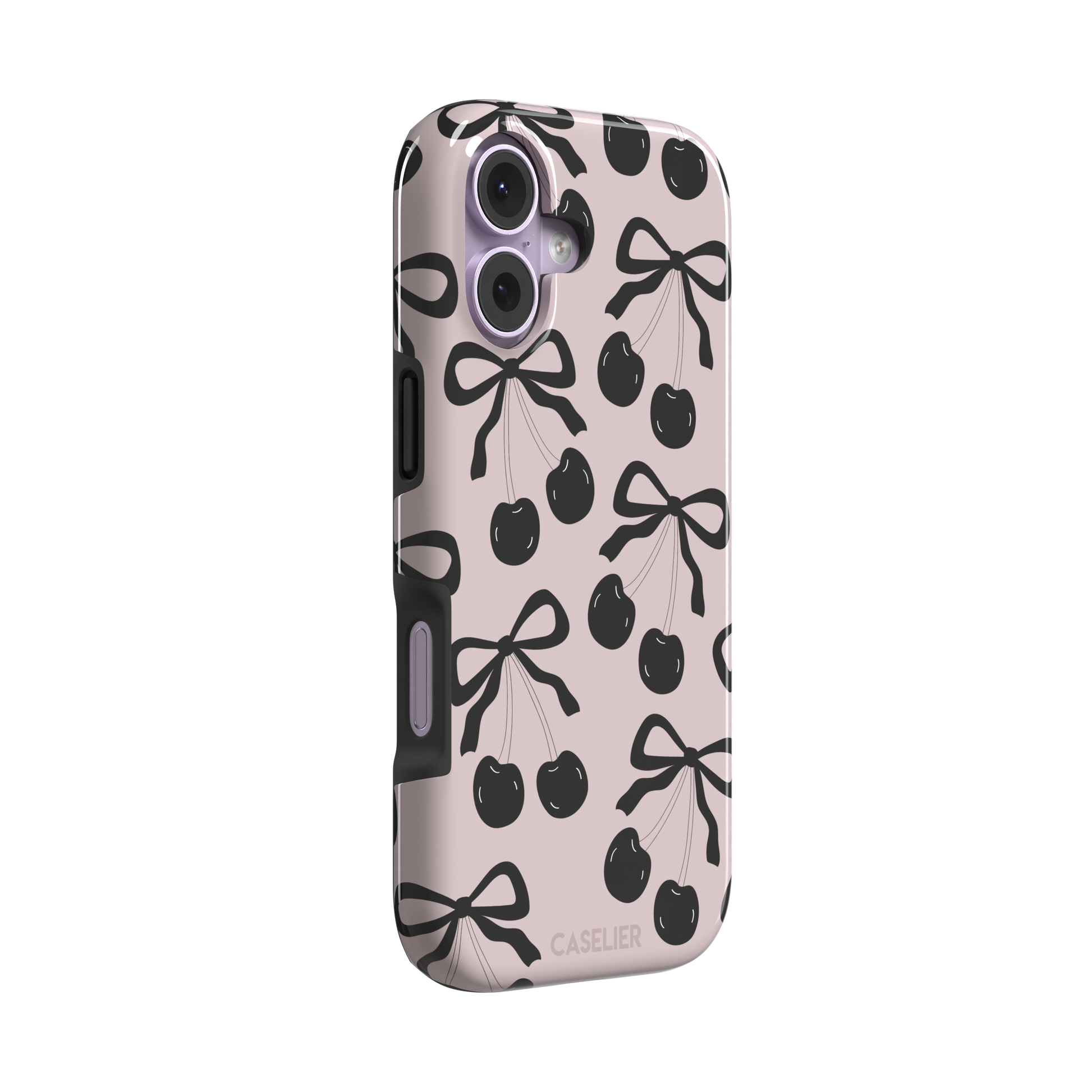 Black Cherry phone case with an all-over pattern of black cherries and ribbon bows on a blush pink background, phone case by Caselier — tough case, left view
