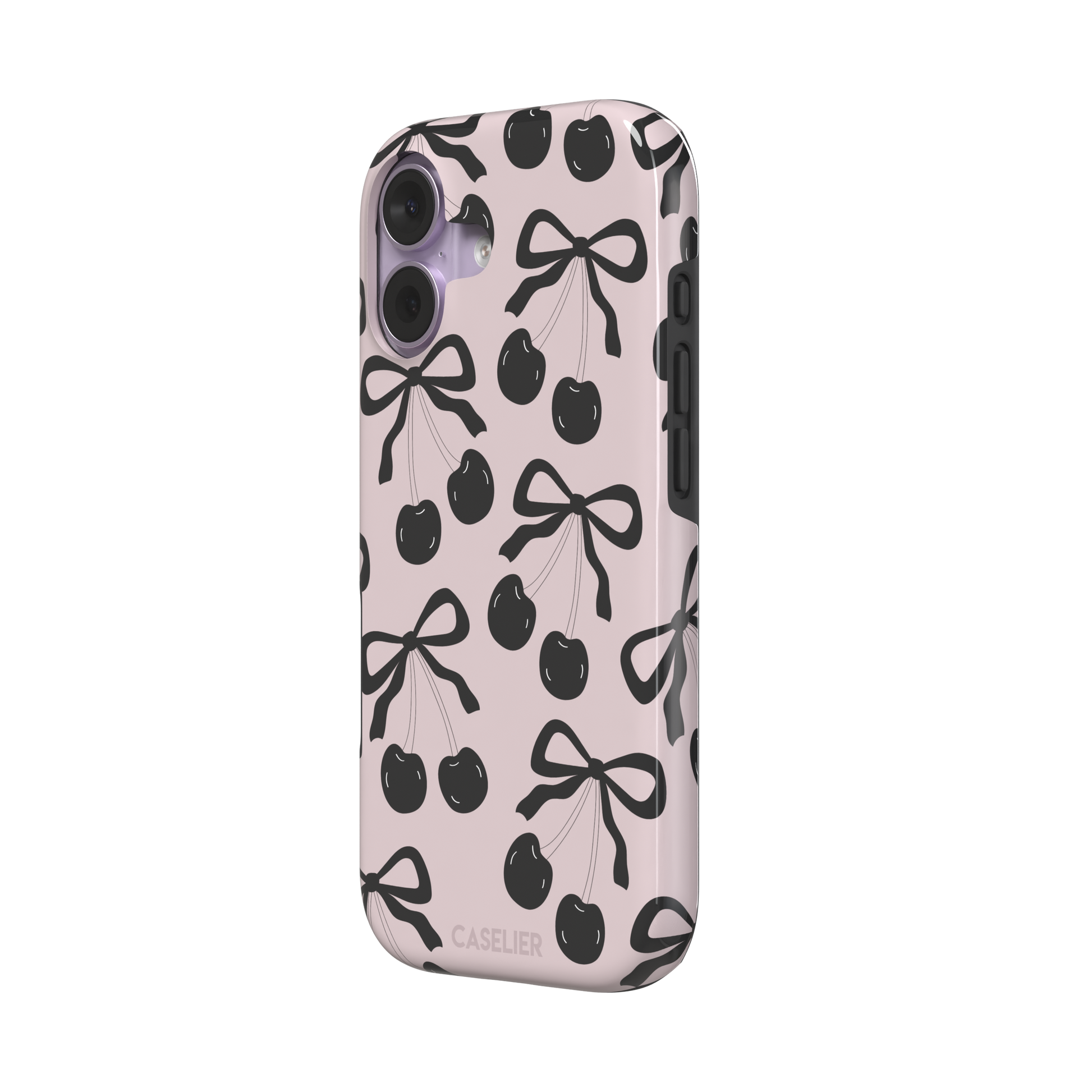Black Cherry phone case with an all-over pattern of black cherries and ribbon bows on a blush pink background, phone case by Caselier — tough case, right view