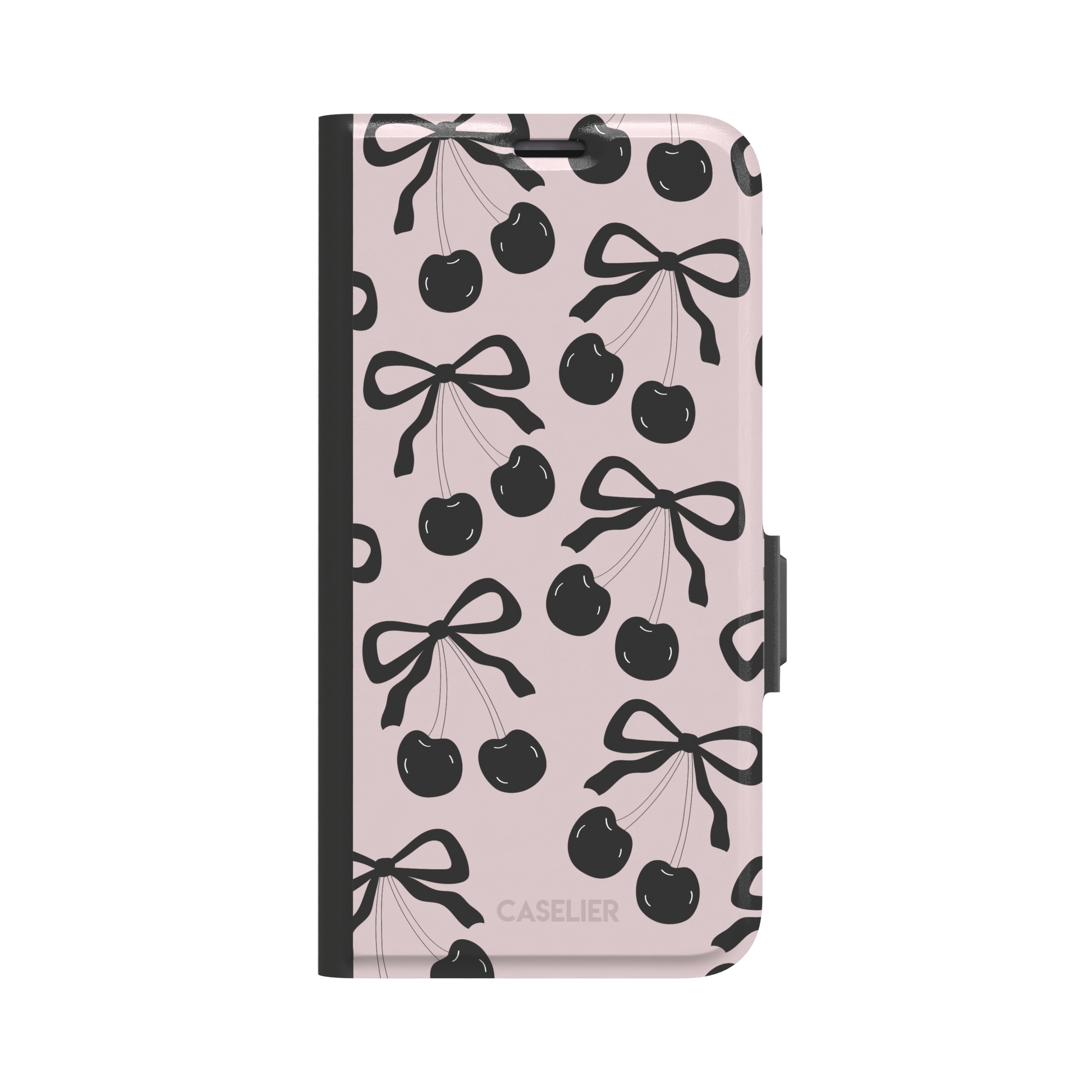 Black Cherry phone case with an all-over pattern of black cherries and ribbon bows on a blush pink background, phone case by Caselier — wallet case, front view