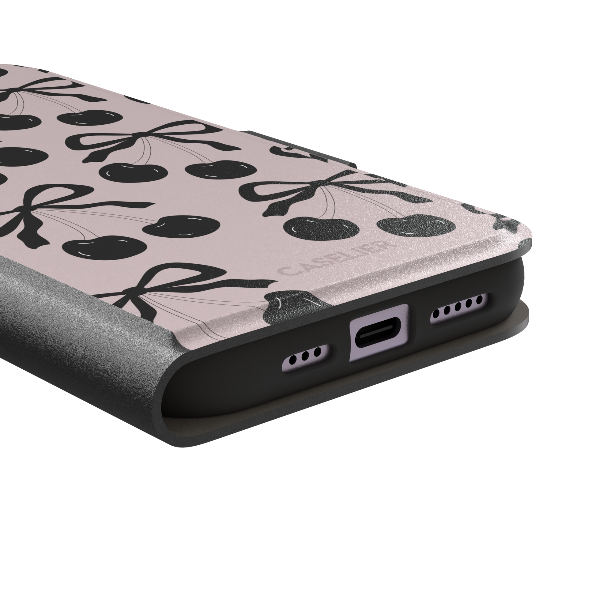 Black Cherry phone case with an all-over pattern of black cherries and ribbon bows on a blush pink background, phone case by Caselier — wallet case, charging port detail