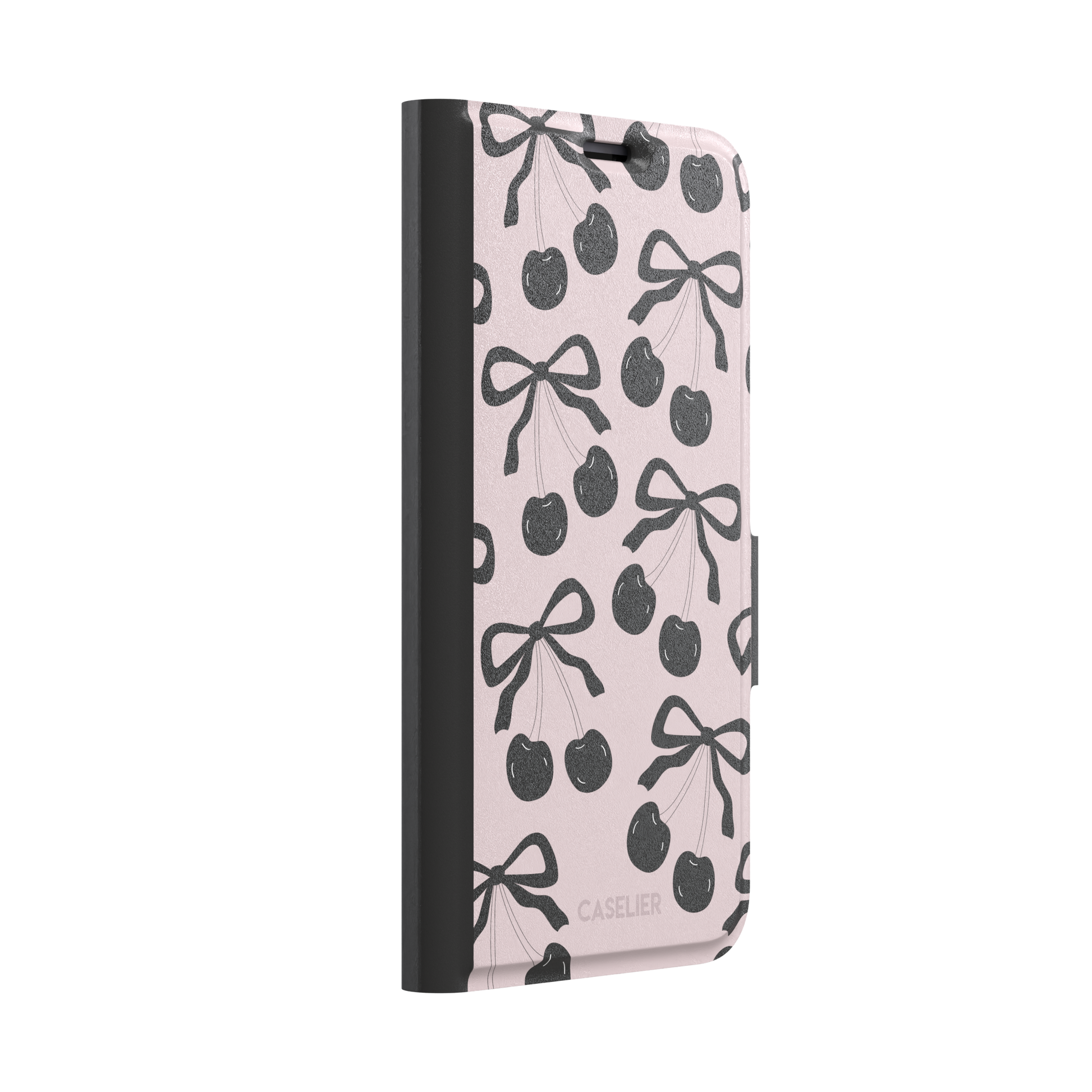 Black Cherry phone case with an all-over pattern of black cherries and ribbon bows on a blush pink background, phone case by Caselier — wallet case, left view