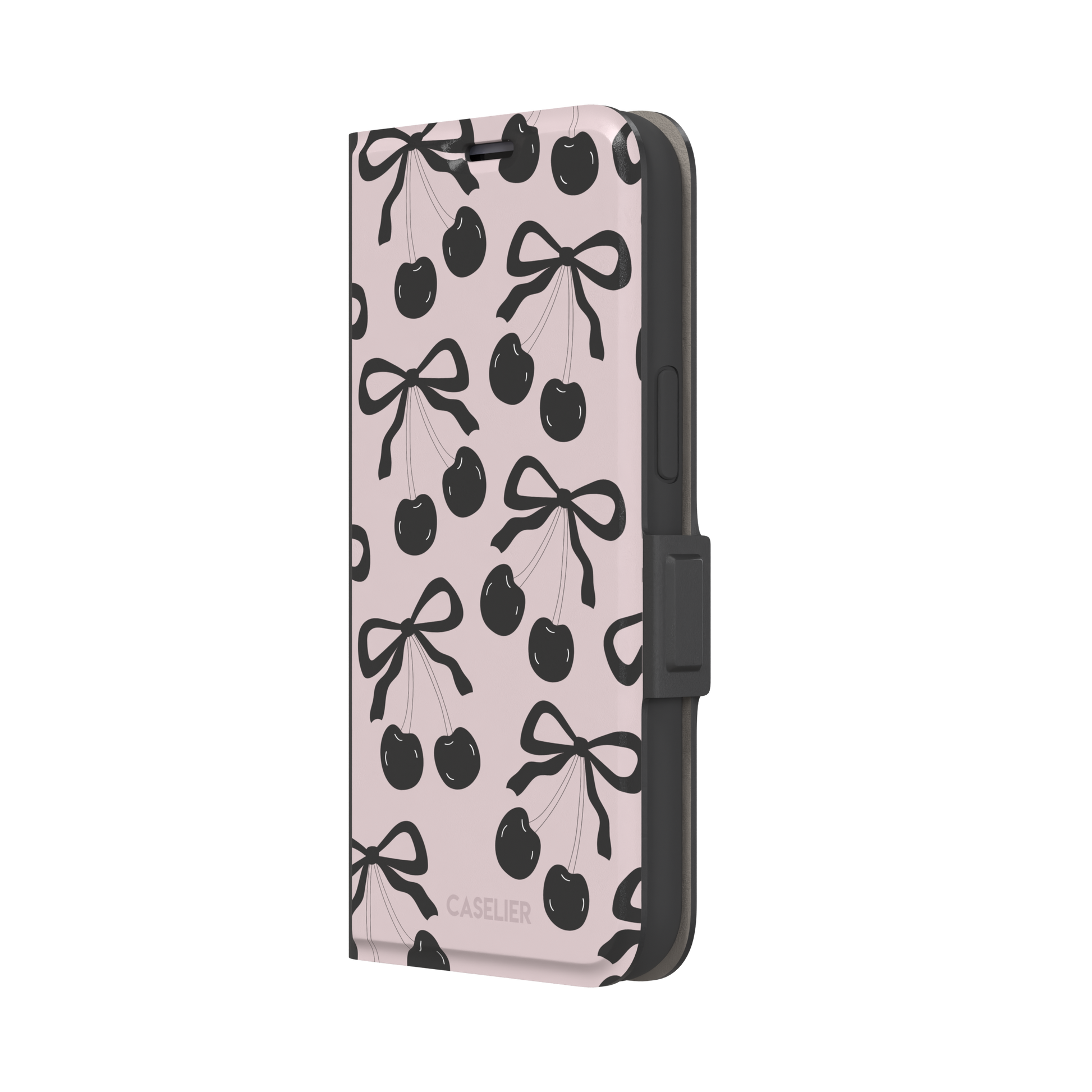 Black Cherry phone case with an all-over pattern of black cherries and ribbon bows on a blush pink background, phone case by Caselier — wallet case, right view