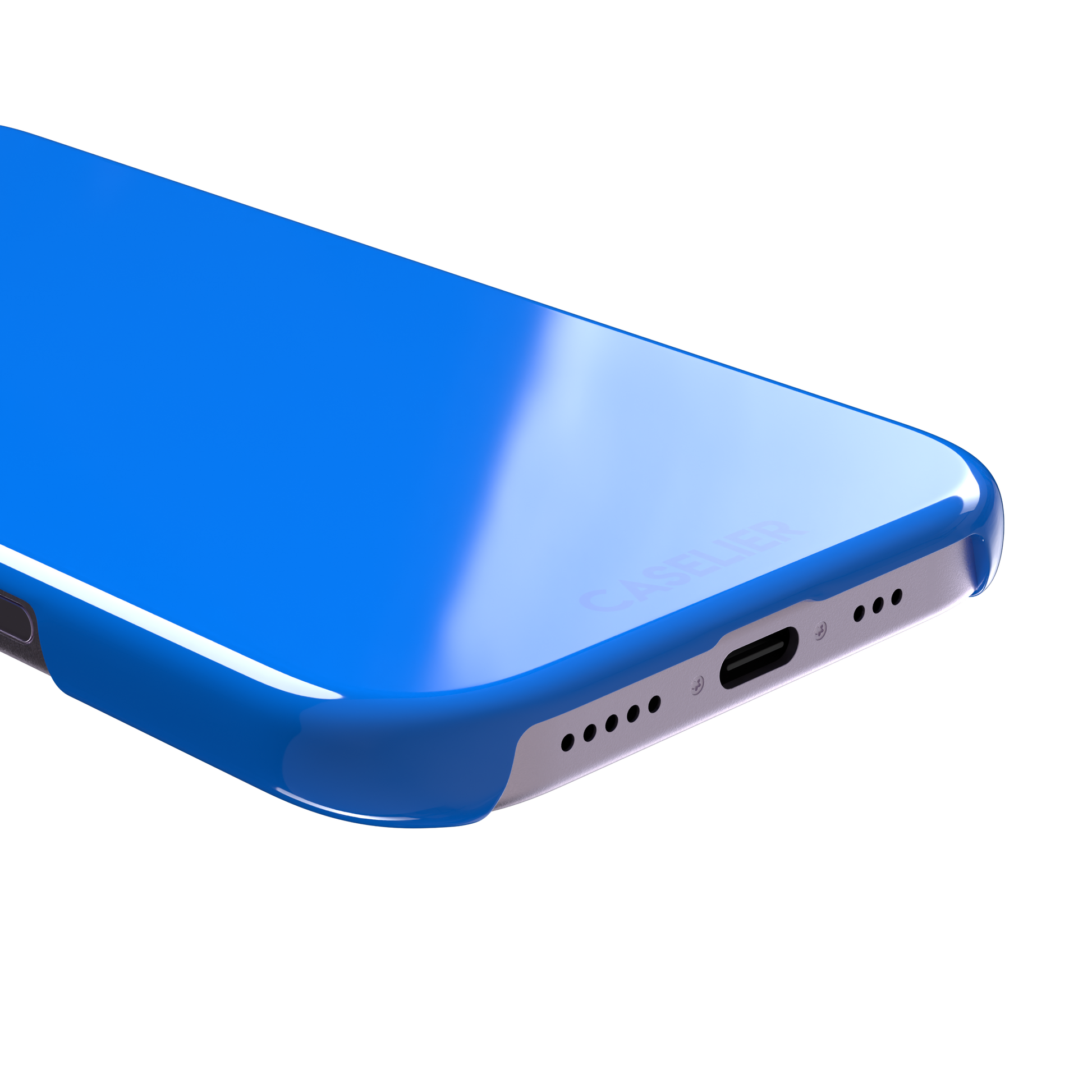 Vivid cobalt blue solid-color phone case, secondary front view, phone case by Caselier — snap case, charging port detail