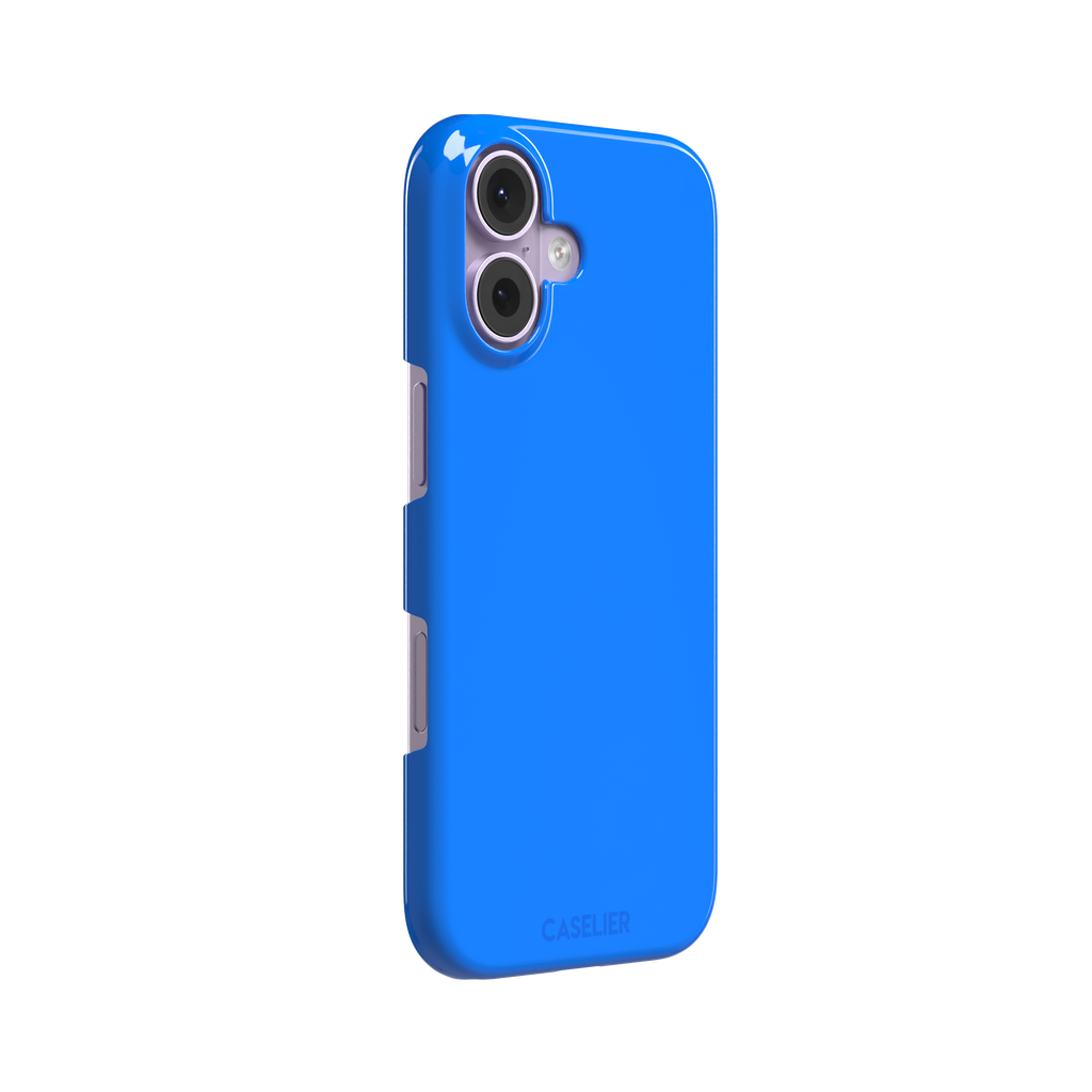 Vivid cobalt blue solid-color phone case, secondary front view, phone case by Caselier — snap case, left view