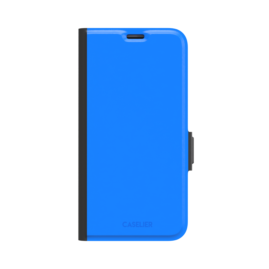 Vivid cobalt blue solid-color phone case, secondary front view, phone case by Caselier — wallet case, front view