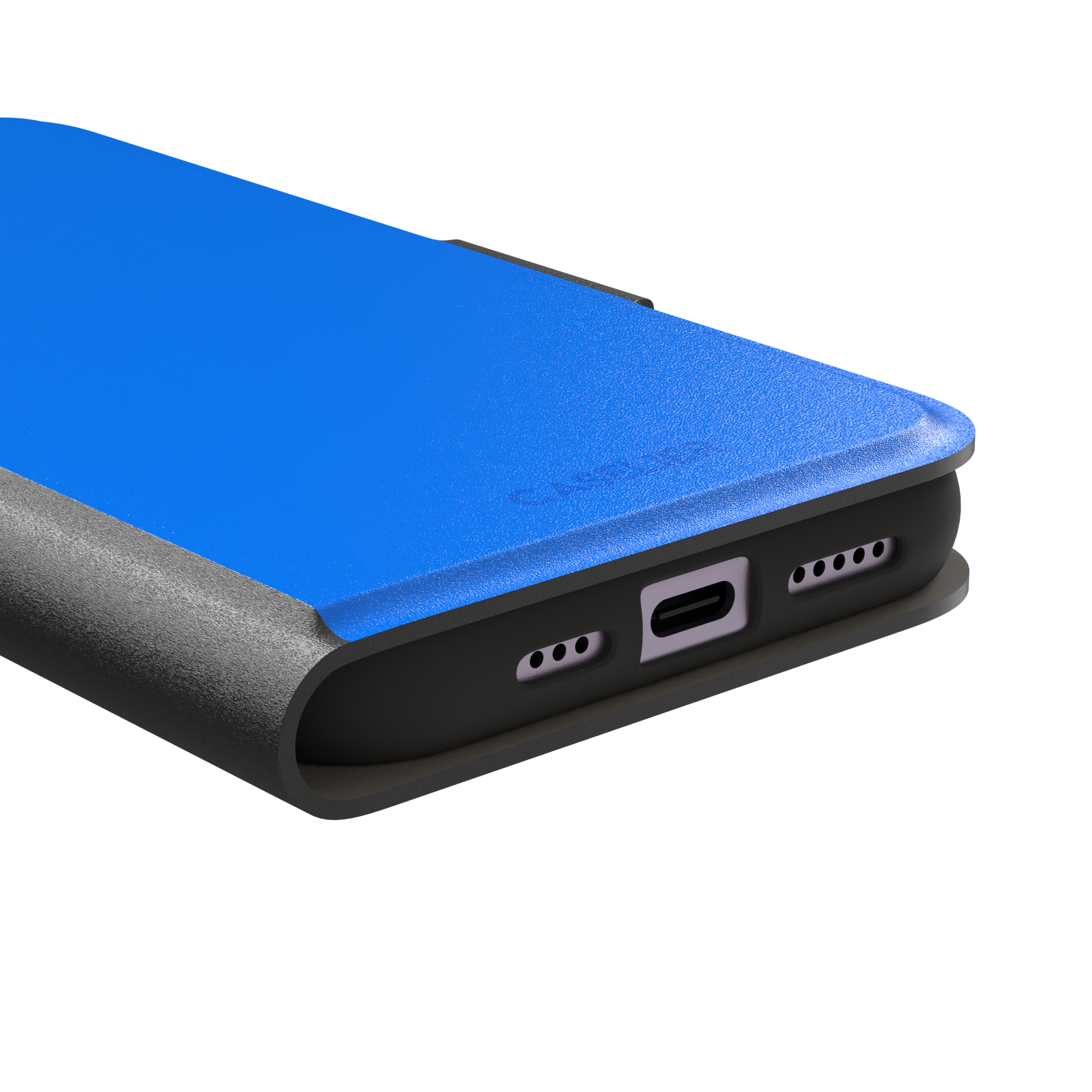 Vivid cobalt blue solid-color phone case, secondary front view, phone case by Caselier — wallet case, charging port detail