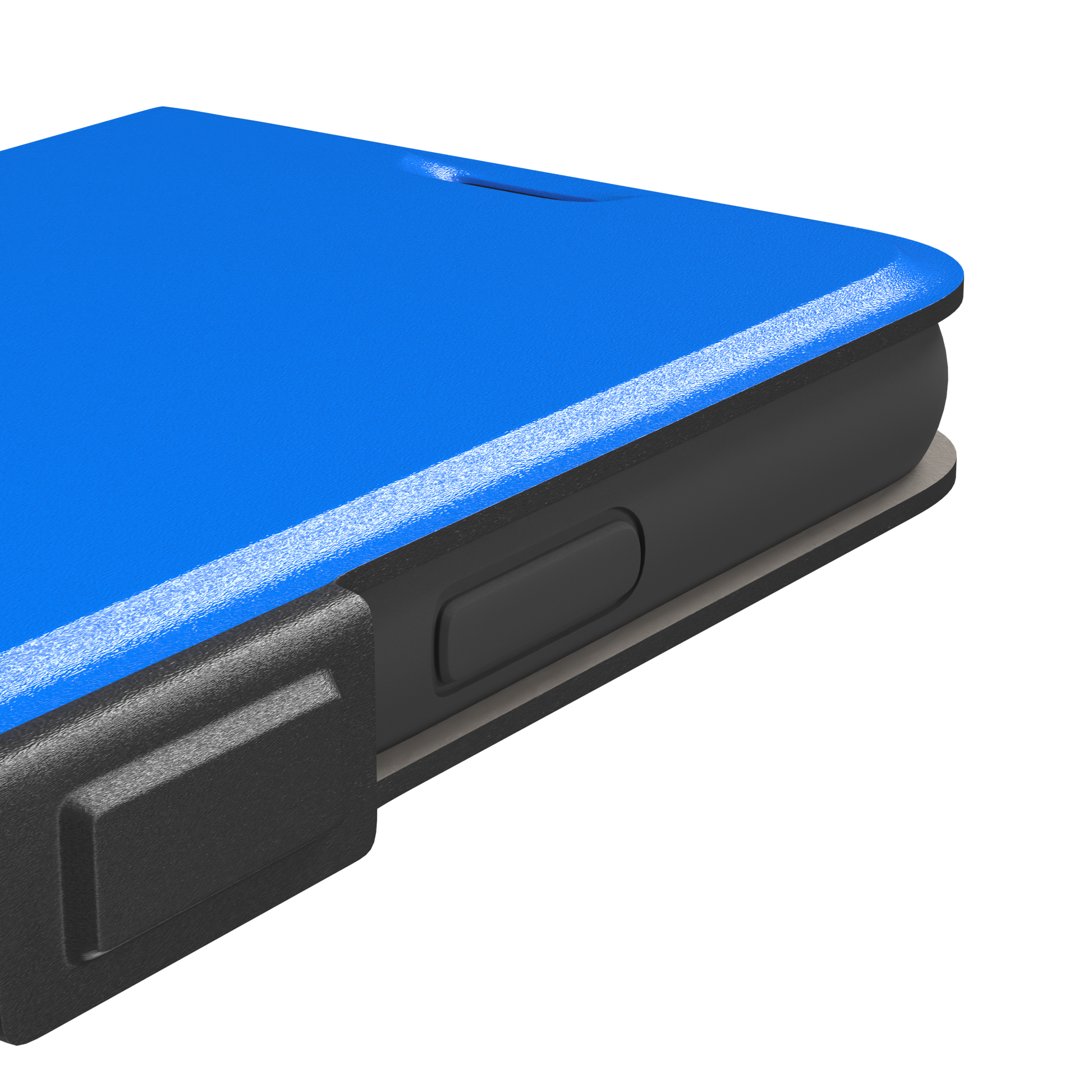Vivid cobalt blue solid-color phone case, secondary front view, phone case by Caselier — wallet case, volume buttons detail