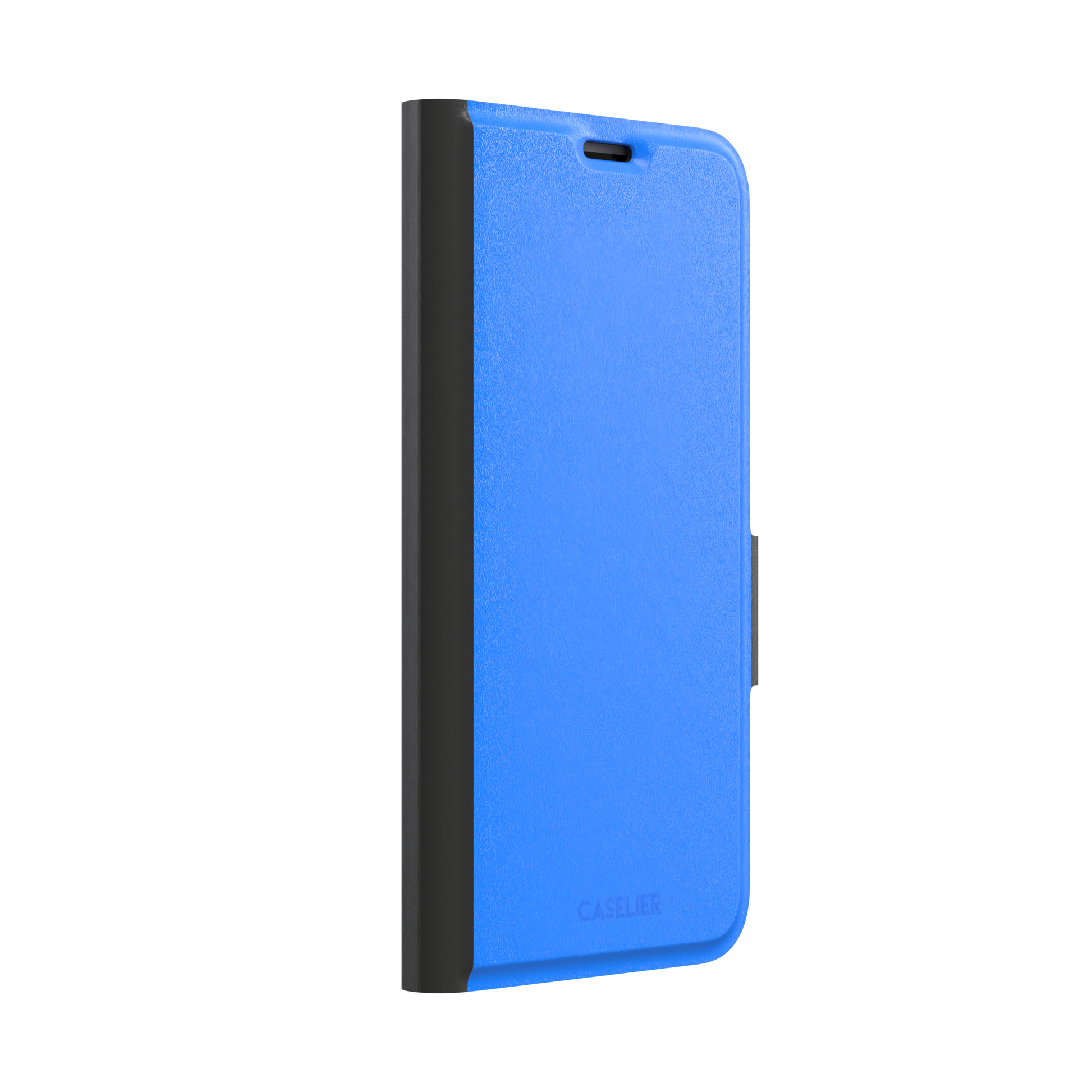 Vivid cobalt blue solid-color phone case, secondary front view, phone case by Caselier — wallet case, left view