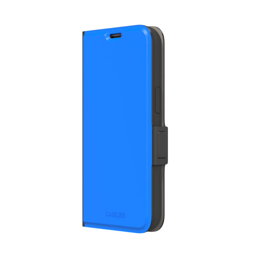 Vivid cobalt blue solid-color phone case, secondary front view, phone case by Caselier — wallet case, right view