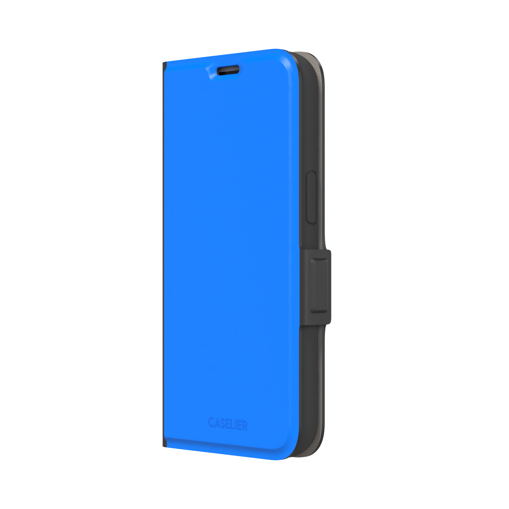 Vivid cobalt blue solid-color phone case, secondary front view, phone case by Caselier — wallet case, right view
