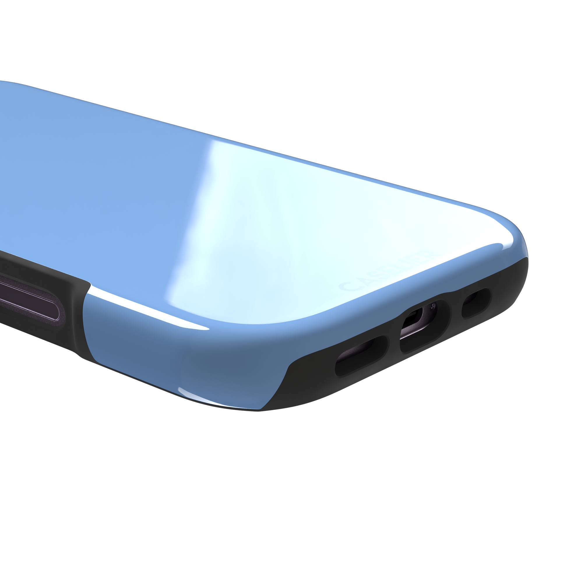Cornflower blue solid-color phone case with smooth matte finish, phone case by Caselier — tough case, charging port detail