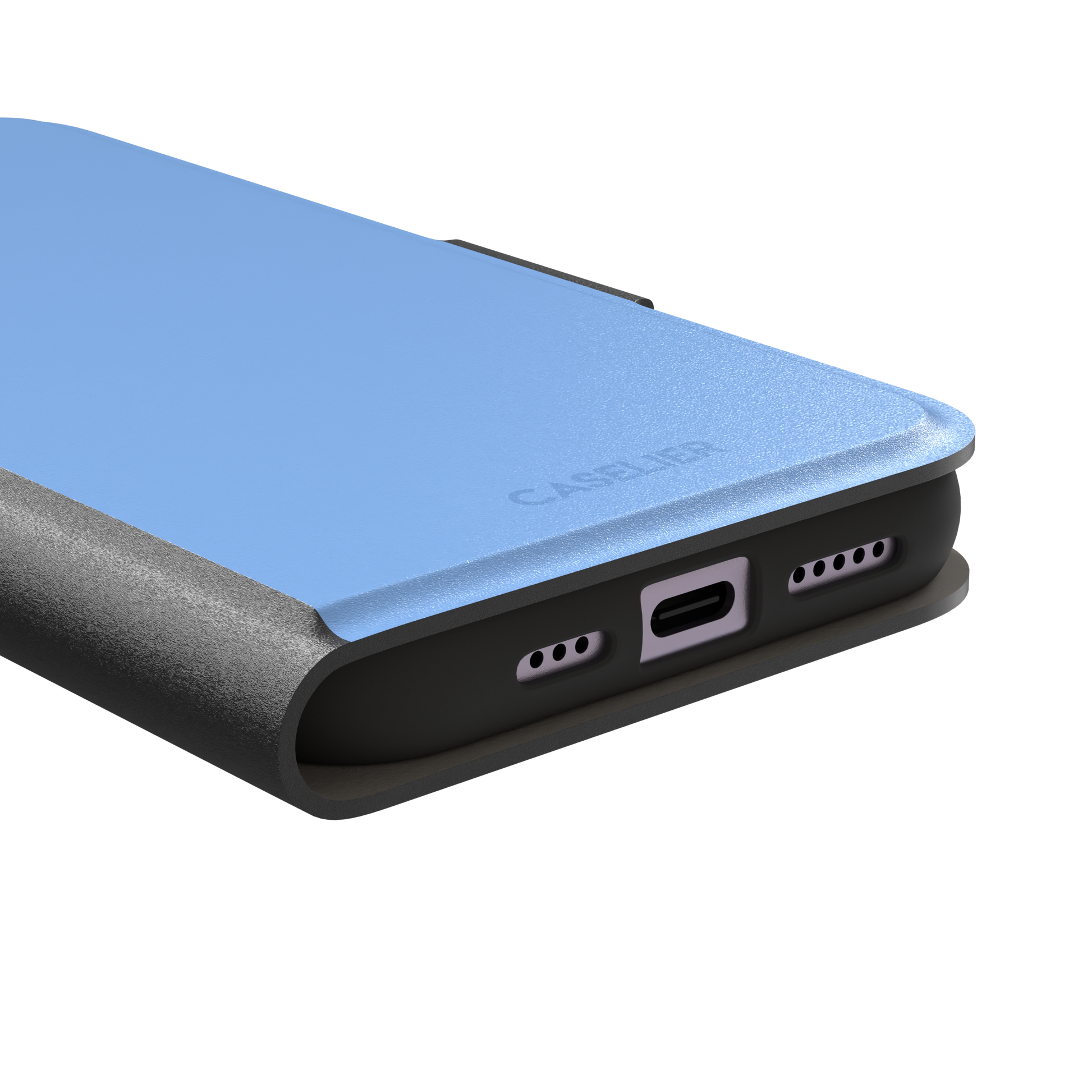 Cornflower blue solid-color phone case with smooth matte finish, phone case by Caselier — wallet case, charging port detail