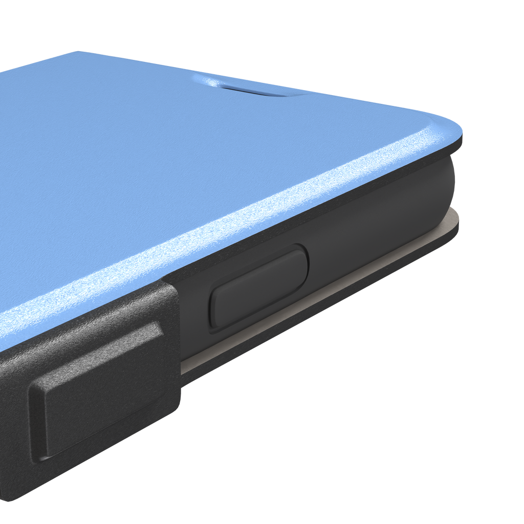 Cornflower blue solid-color phone case with smooth matte finish, phone case by Caselier — wallet case, volume buttons detail