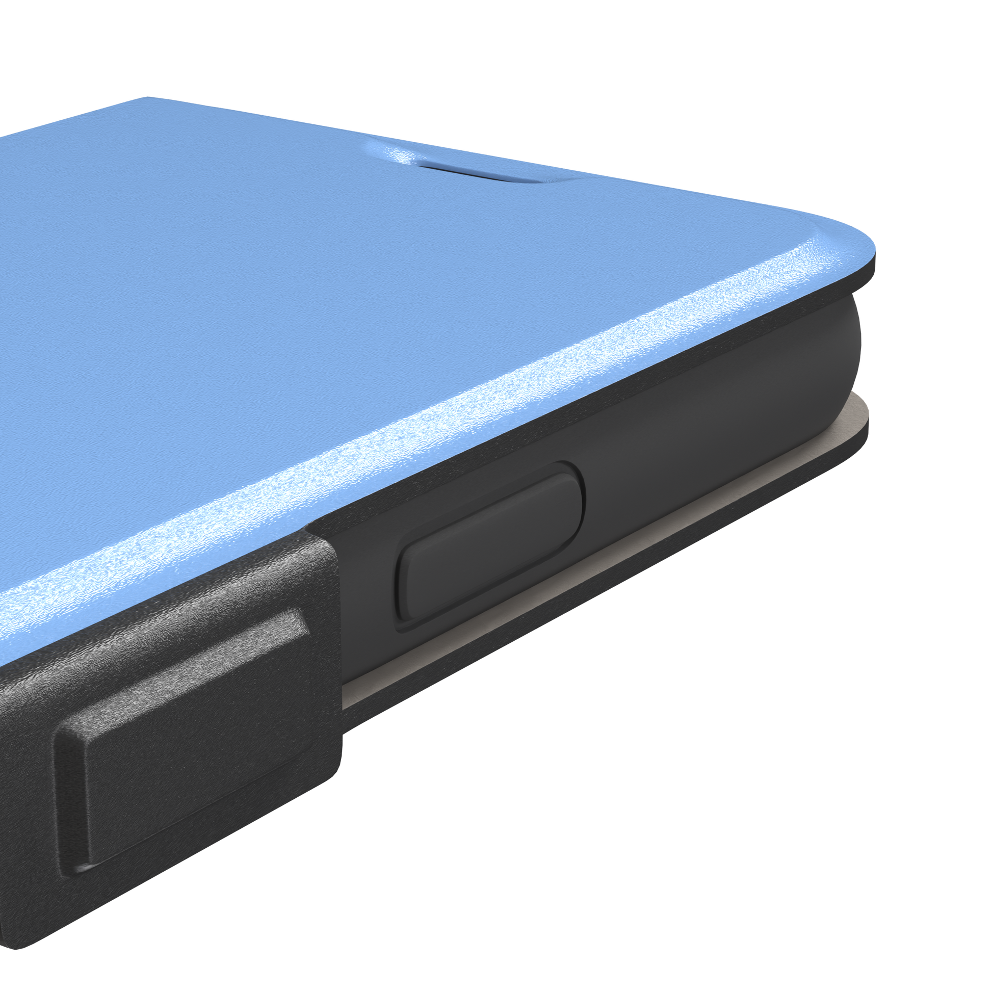 Cornflower blue solid-color phone case with smooth matte finish, phone case by Caselier — wallet case, volume buttons detail