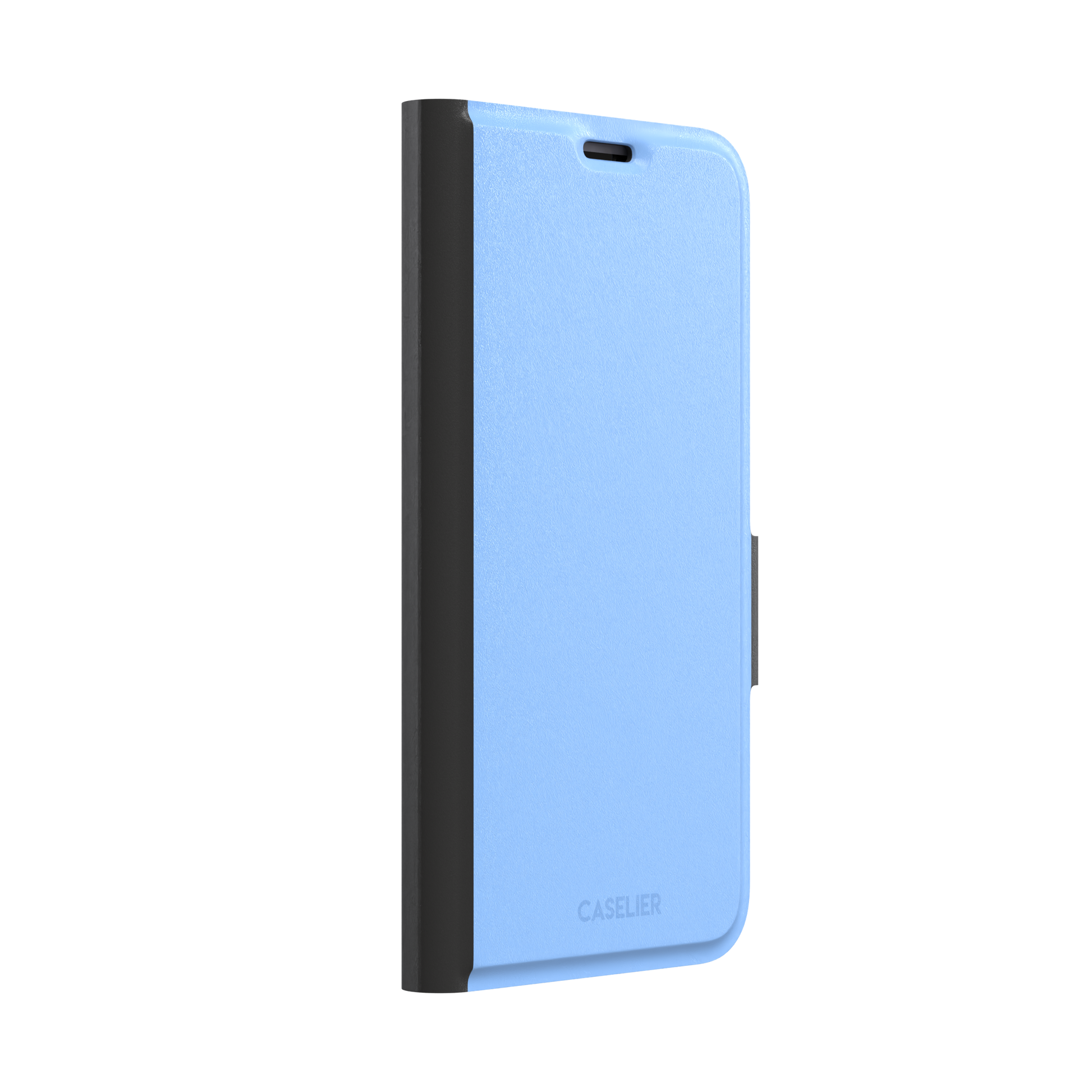 Cornflower blue solid-color phone case with smooth matte finish, phone case by Caselier — wallet case, left view