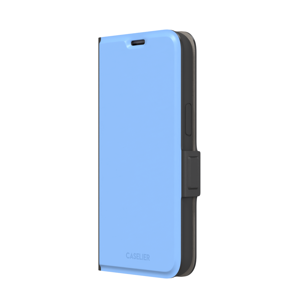 Cornflower blue solid-color phone case with smooth matte finish, phone case by Caselier — wallet case, right view
