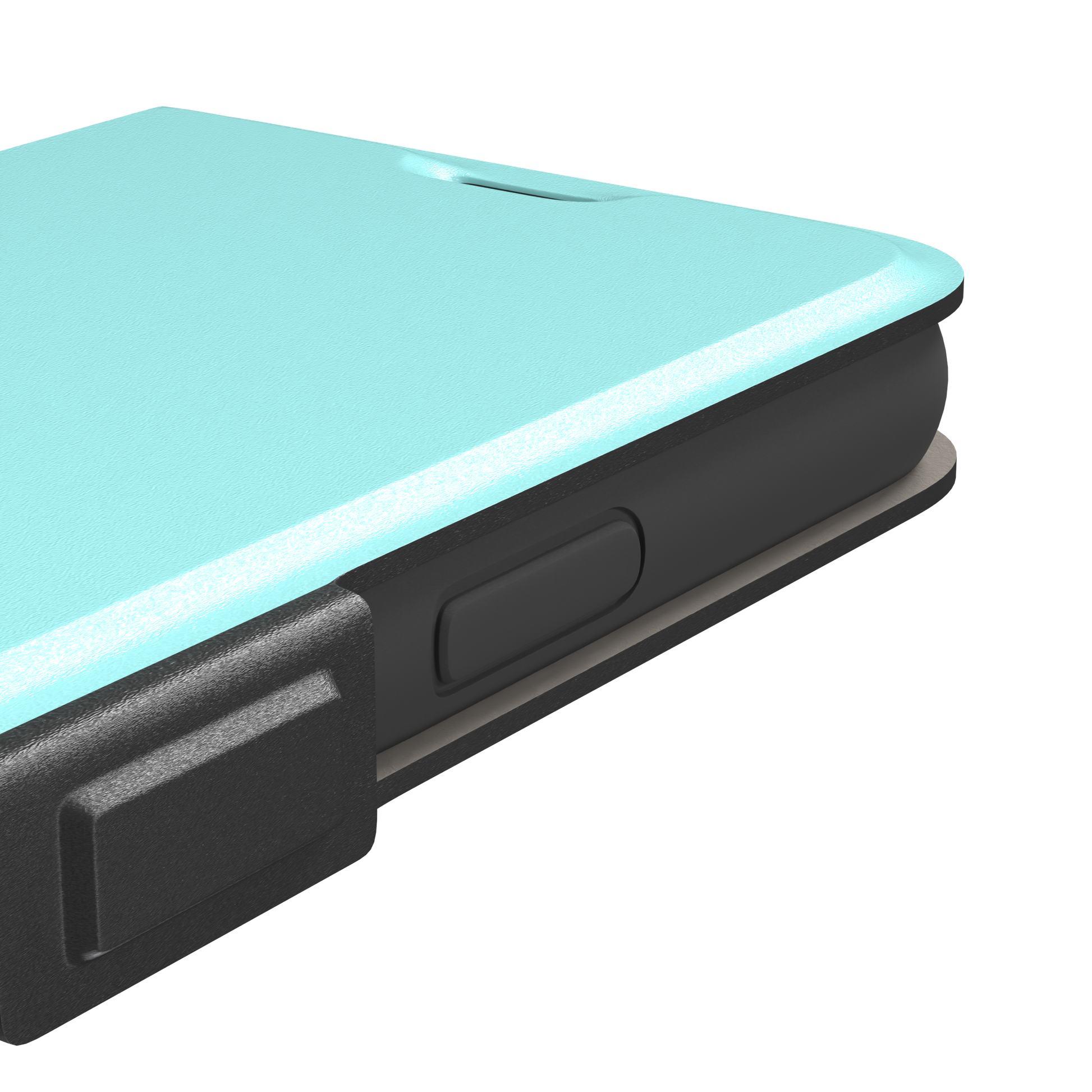 Soft mint turquoise solid-color phone case with smooth matte finish, phone case by Caselier — wallet case, volume buttons detail