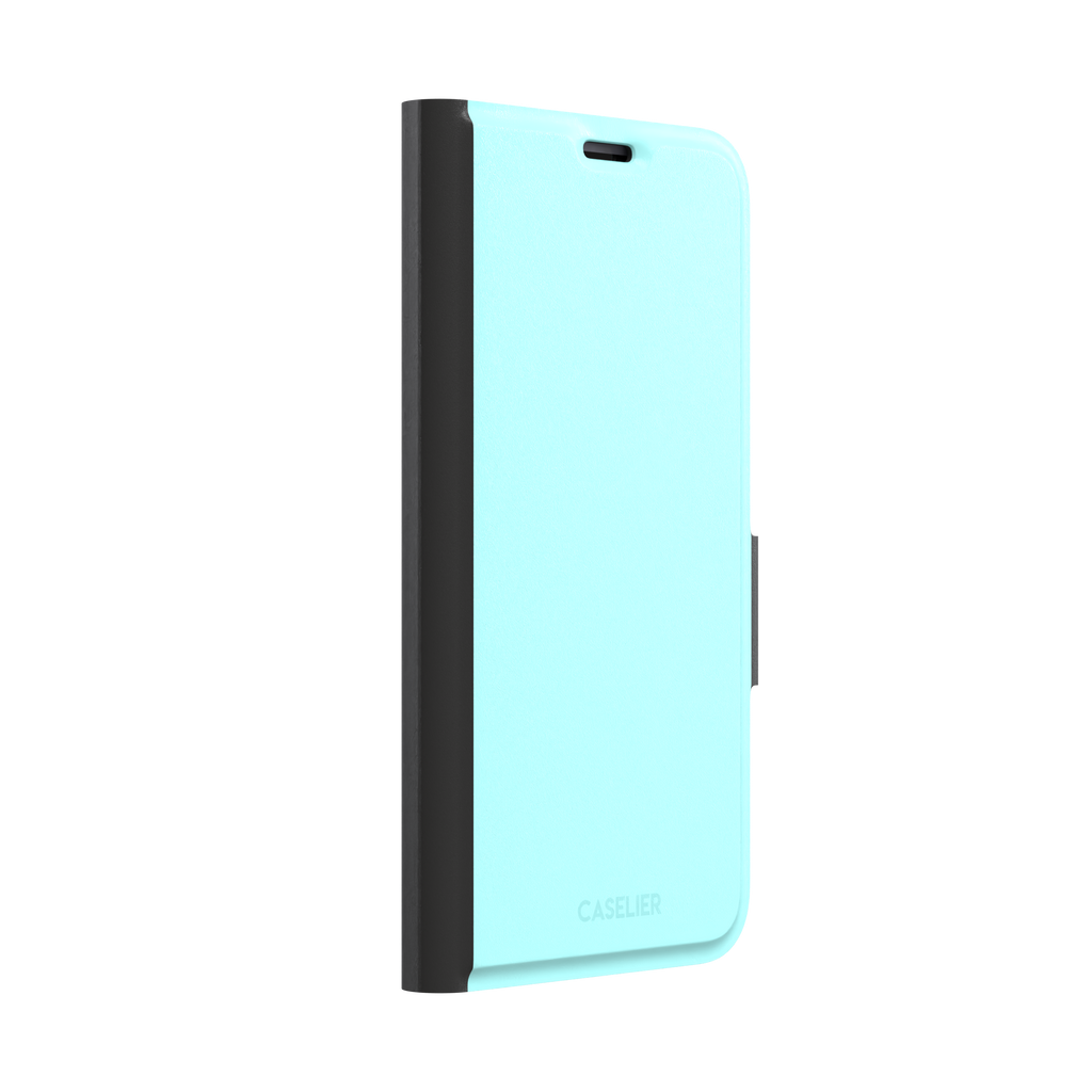 Soft mint turquoise solid-color phone case with smooth matte finish, phone case by Caselier — wallet case, left view