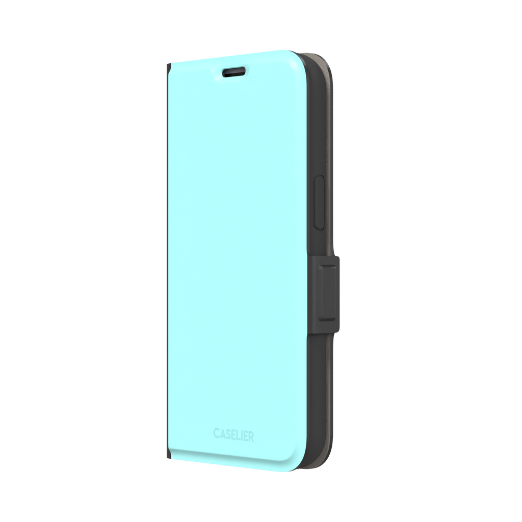 Soft mint turquoise solid-color phone case with smooth matte finish, phone case by Caselier — wallet case, right view