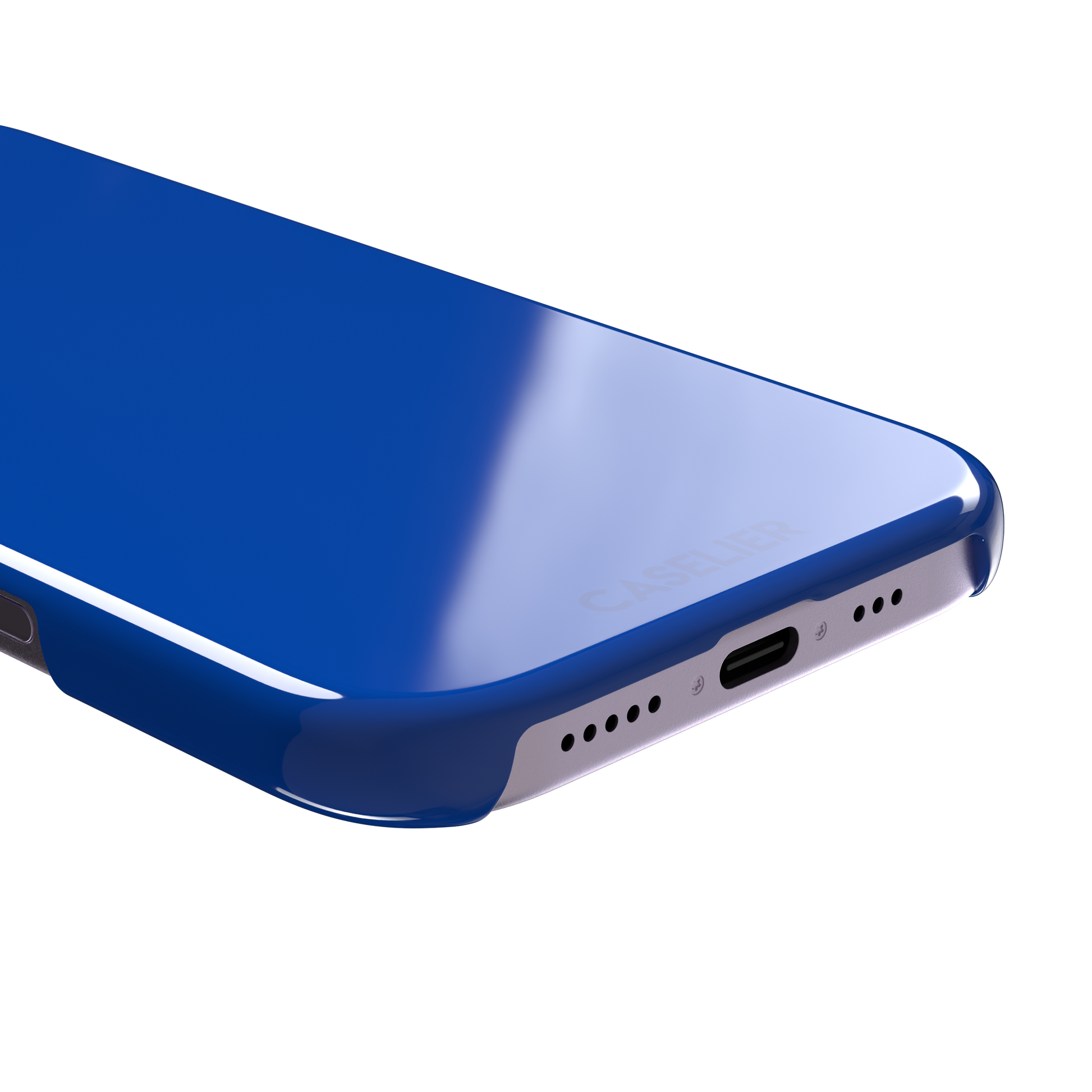 Deep royal blue solid-color phone case with smooth matte finish, phone case by Caselier — snap case, charging port detail