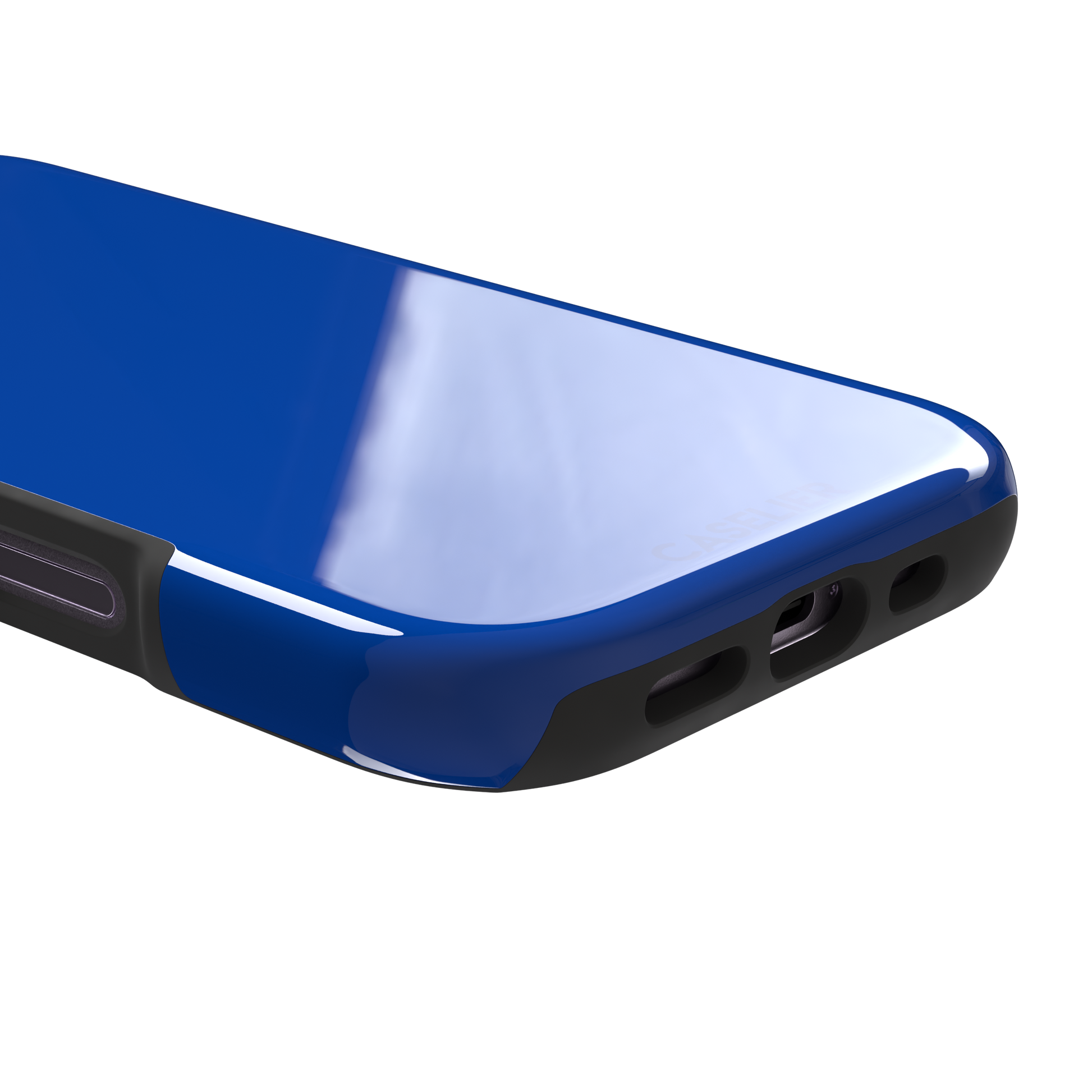 Deep royal blue solid-color phone case with smooth matte finish, phone case by Caselier — tough case, charging port detail