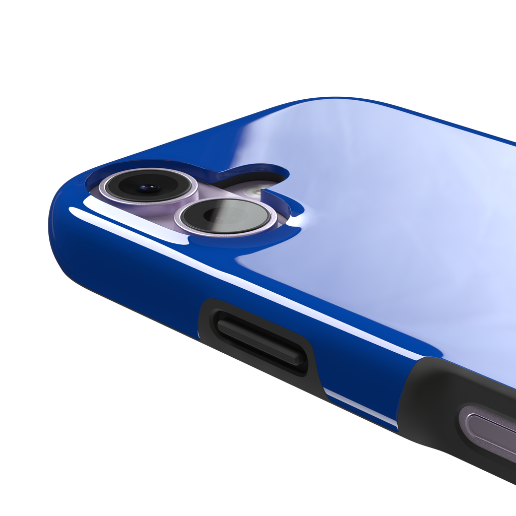 Deep royal blue solid-color phone case with smooth matte finish, phone case by Caselier — tough case, volume buttons detail