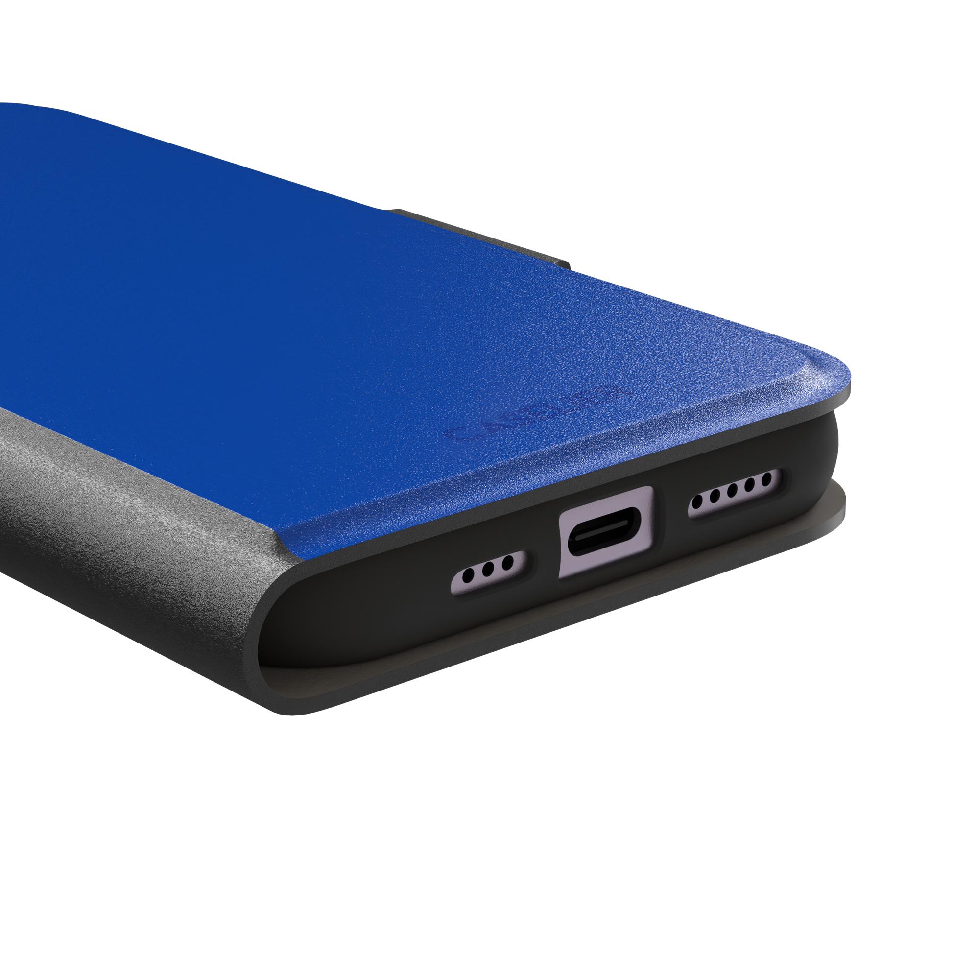 Deep royal blue solid-color phone case with smooth matte finish, phone case by Caselier — wallet case, charging port detail
