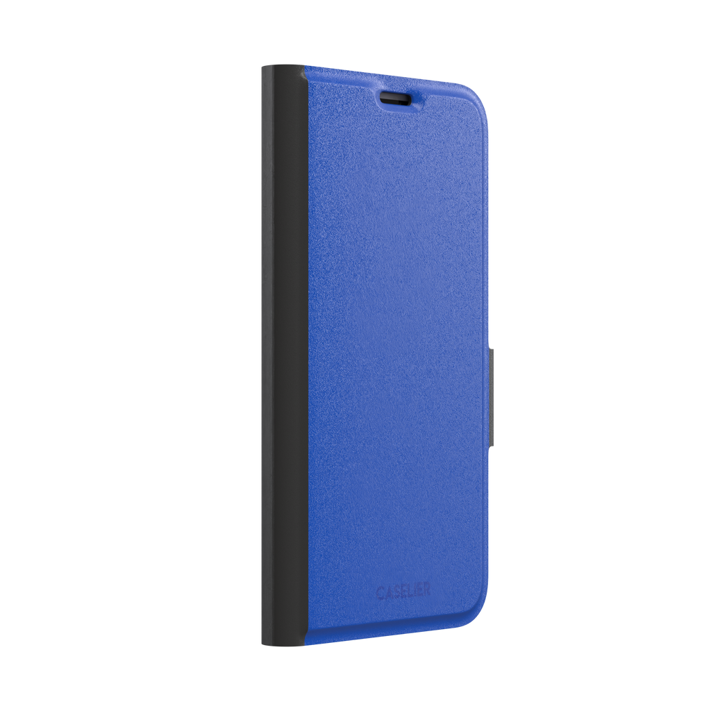 Deep royal blue solid-color phone case with smooth matte finish, phone case by Caselier — wallet case, left view