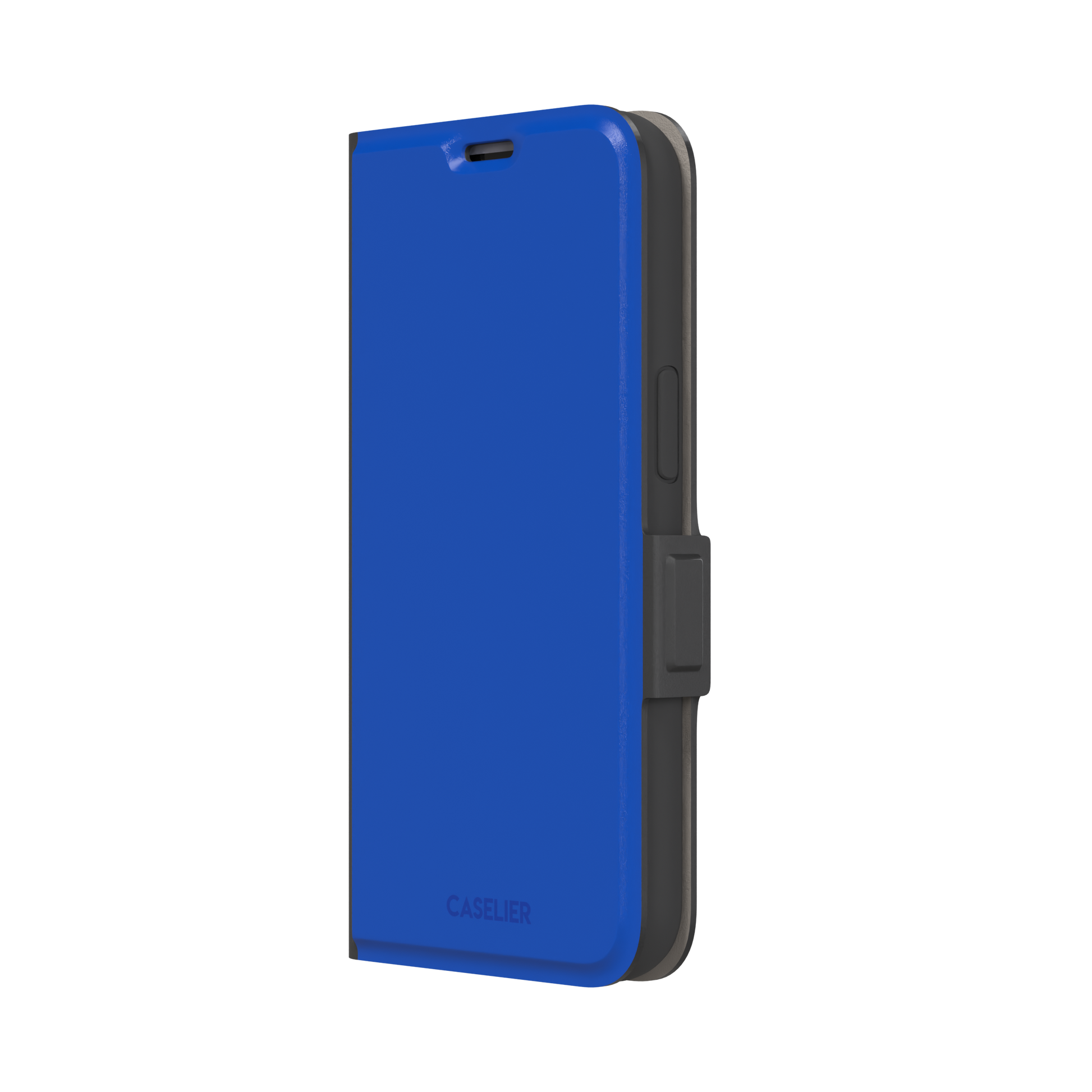 Deep royal blue solid-color phone case with smooth matte finish, phone case by Caselier — wallet case, right view