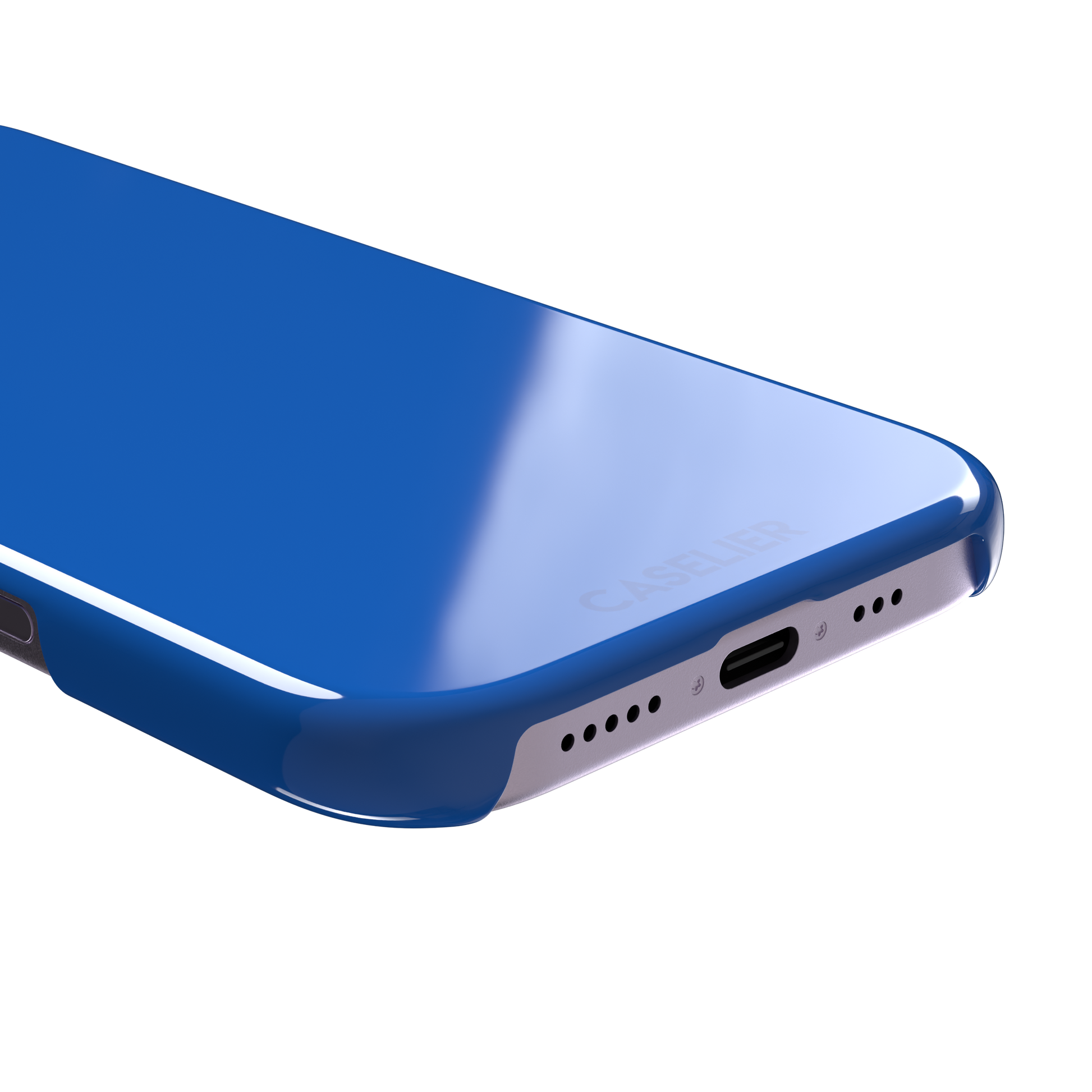 Vivid cobalt blue solid-color phone case with smooth matte finish, front view, phone case by Caselier — snap case, charging port detail