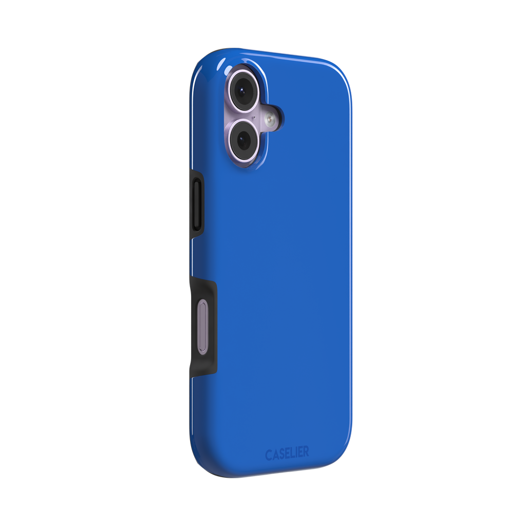 Vivid cobalt blue solid-color phone case with smooth matte finish, front view, phone case by Caselier — tough case, left view
