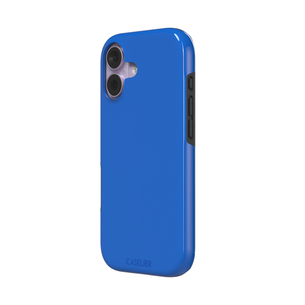 Vivid cobalt blue solid-color phone case with smooth matte finish, front view, phone case by Caselier — tough case, right view