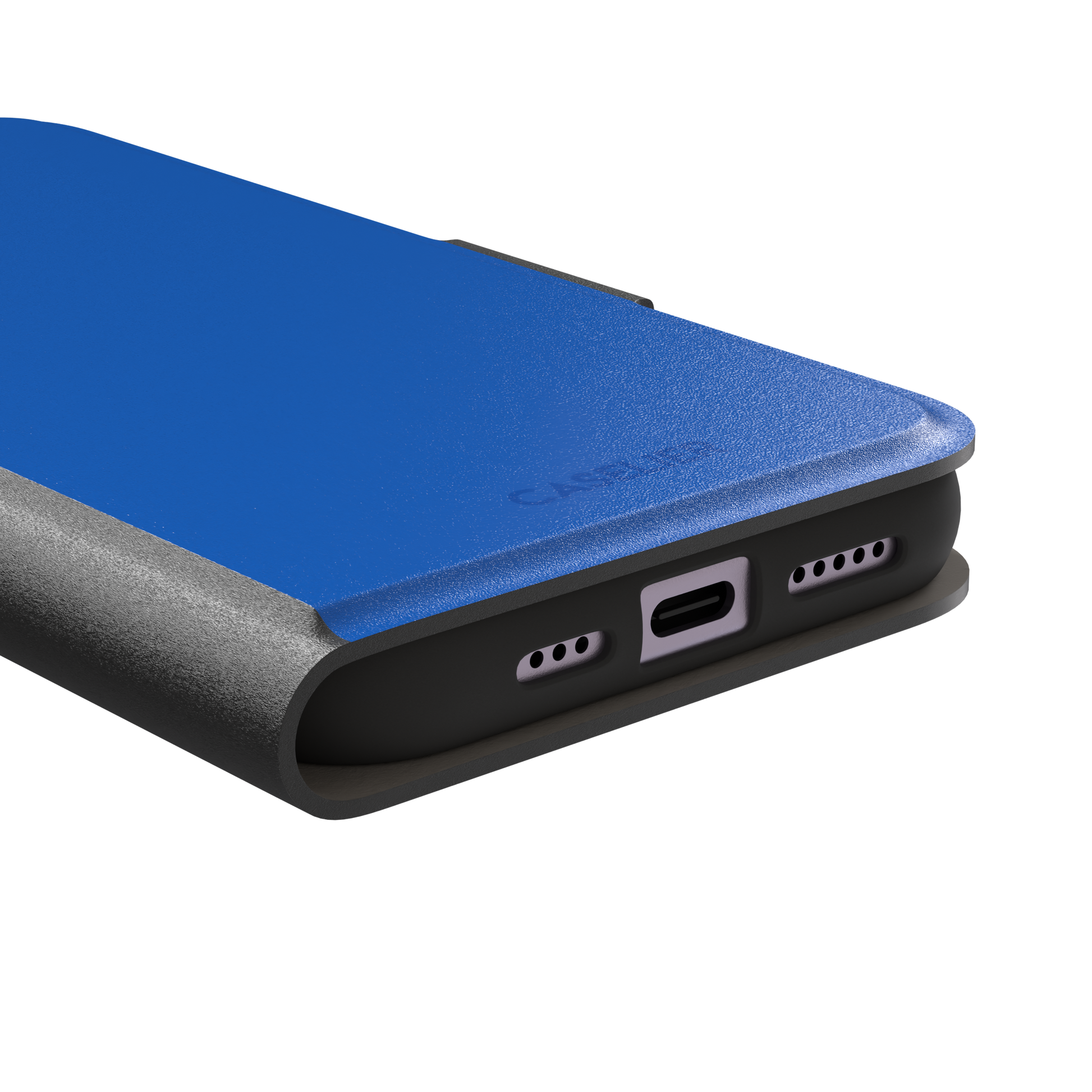 Vivid cobalt blue solid-color phone case with smooth matte finish, front view, phone case by Caselier — wallet case, charging port detail