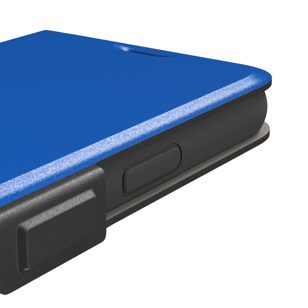 Vivid cobalt blue solid-color phone case with smooth matte finish, front view, phone case by Caselier — wallet case, volume buttons detail