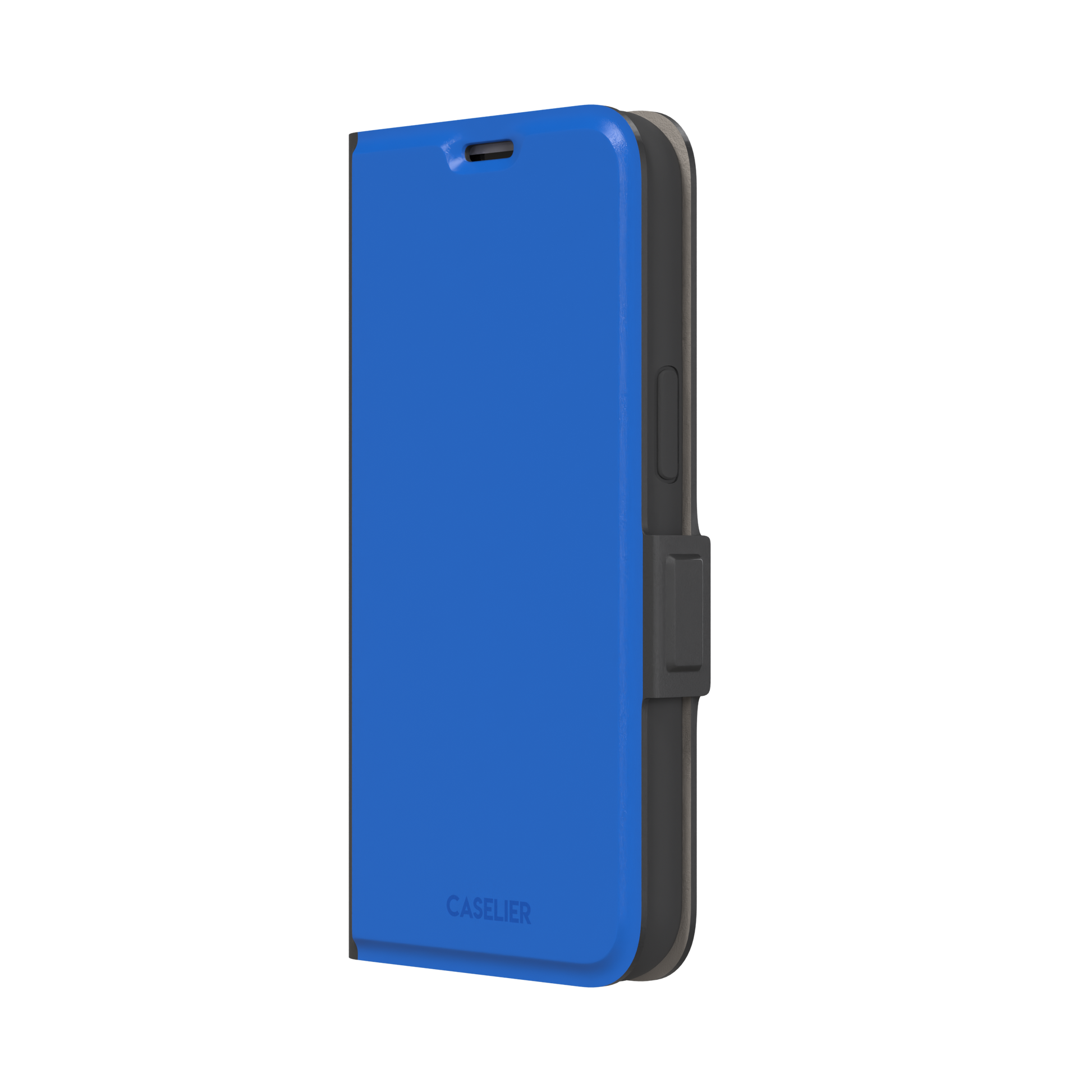 Vivid cobalt blue solid-color phone case with smooth matte finish, front view, phone case by Caselier — wallet case, right view