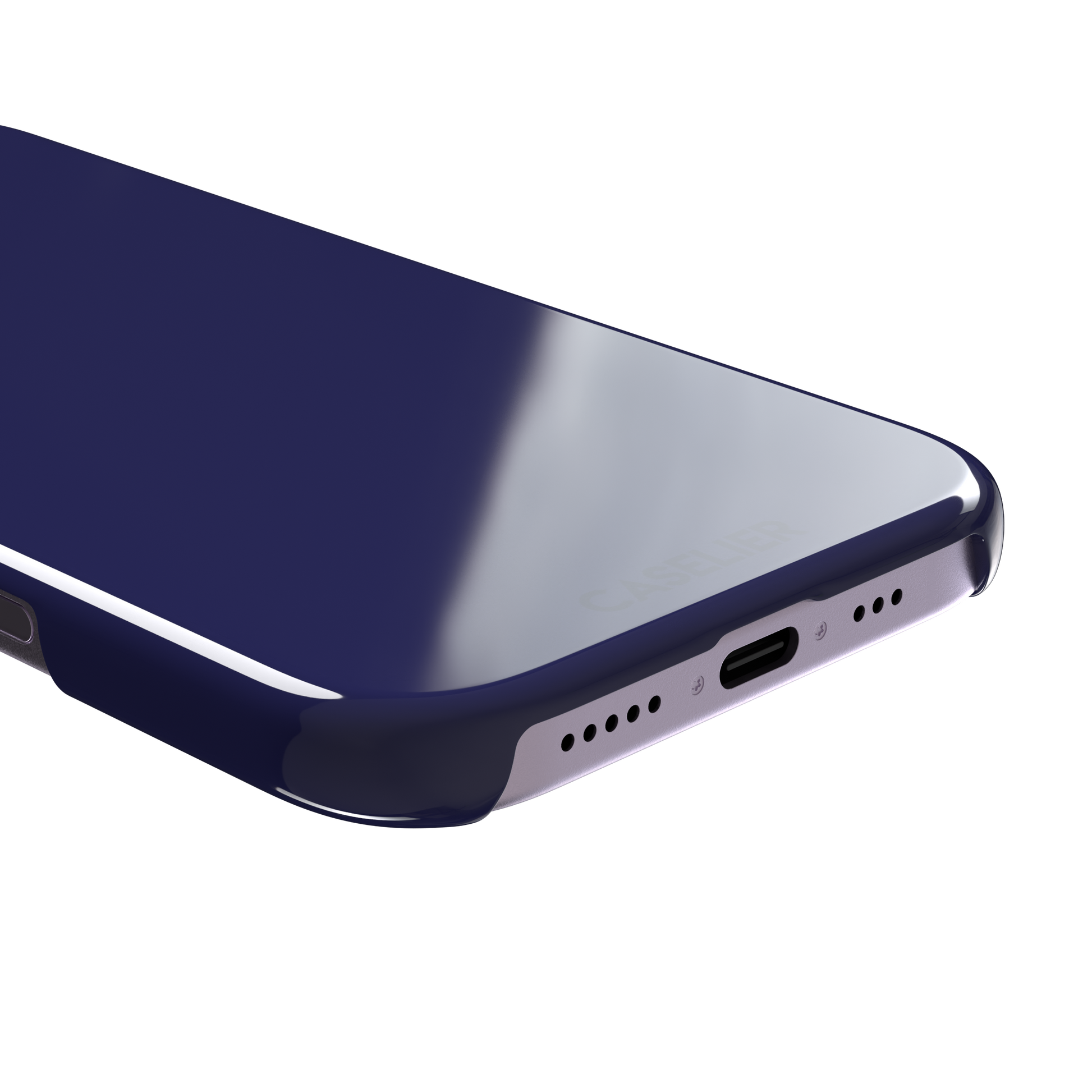 Dark navy solid-color phone case with smooth matte finish, phone case by Caselier — snap case, charging port detail