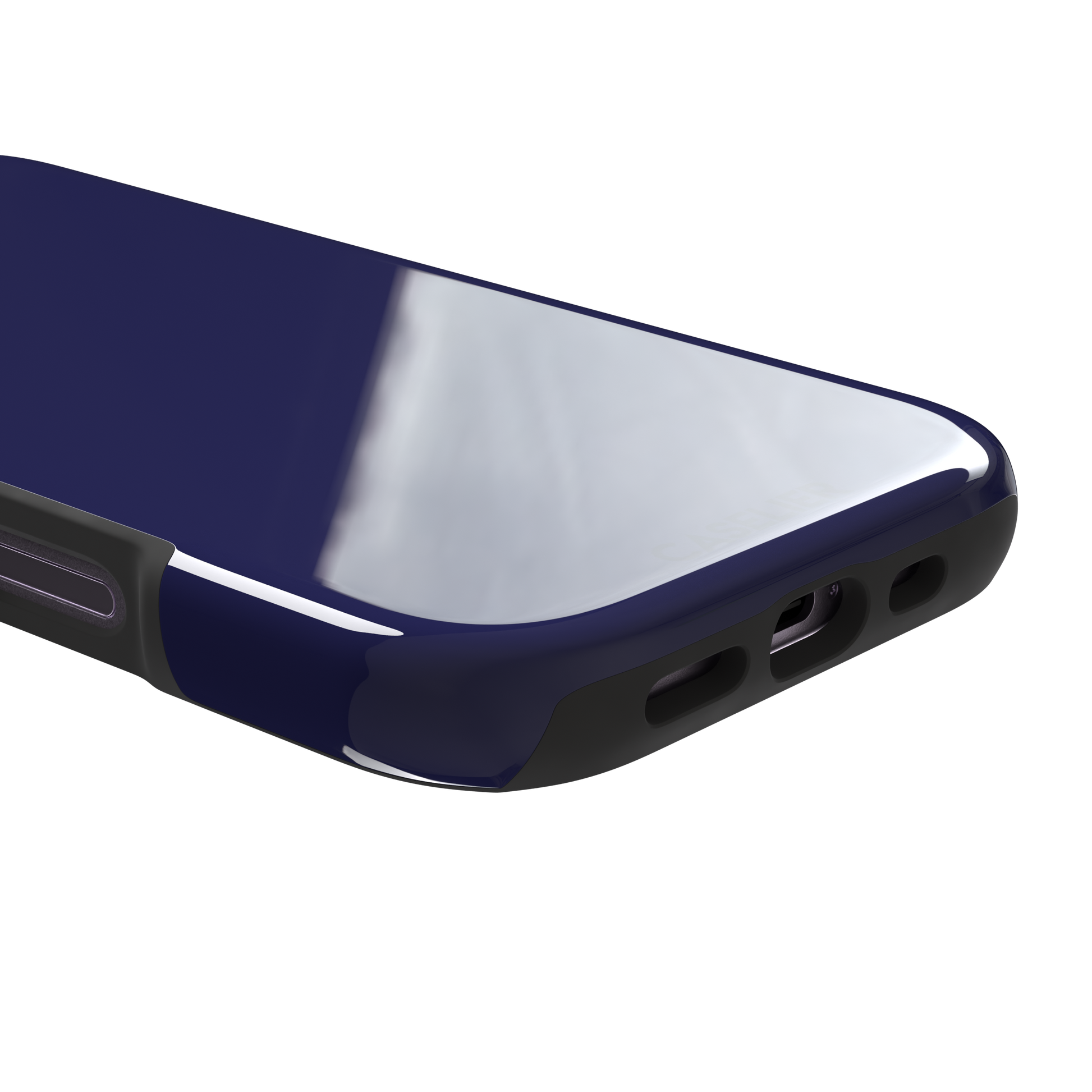 Dark navy solid-color phone case with smooth matte finish, phone case by Caselier — tough case, charging port detail