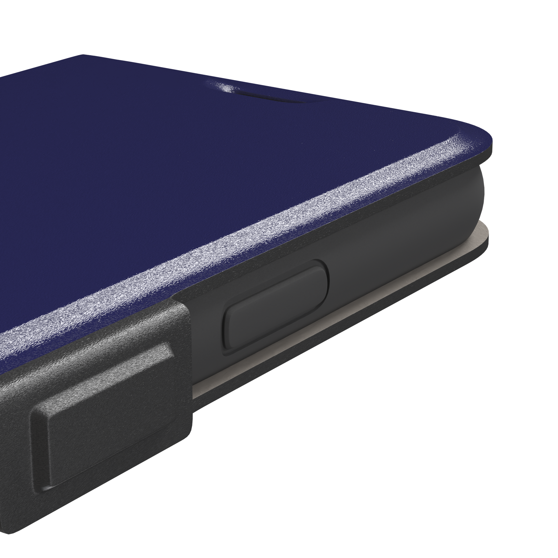 Dark navy solid-color phone case with smooth matte finish, phone case by Caselier — wallet case, volume buttons detail