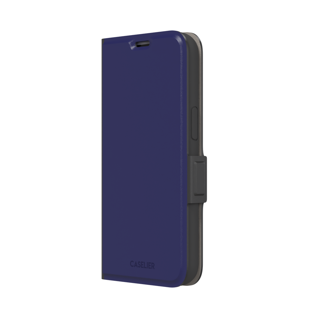 Dark navy solid-color phone case with smooth matte finish, phone case by Caselier — wallet case, right view