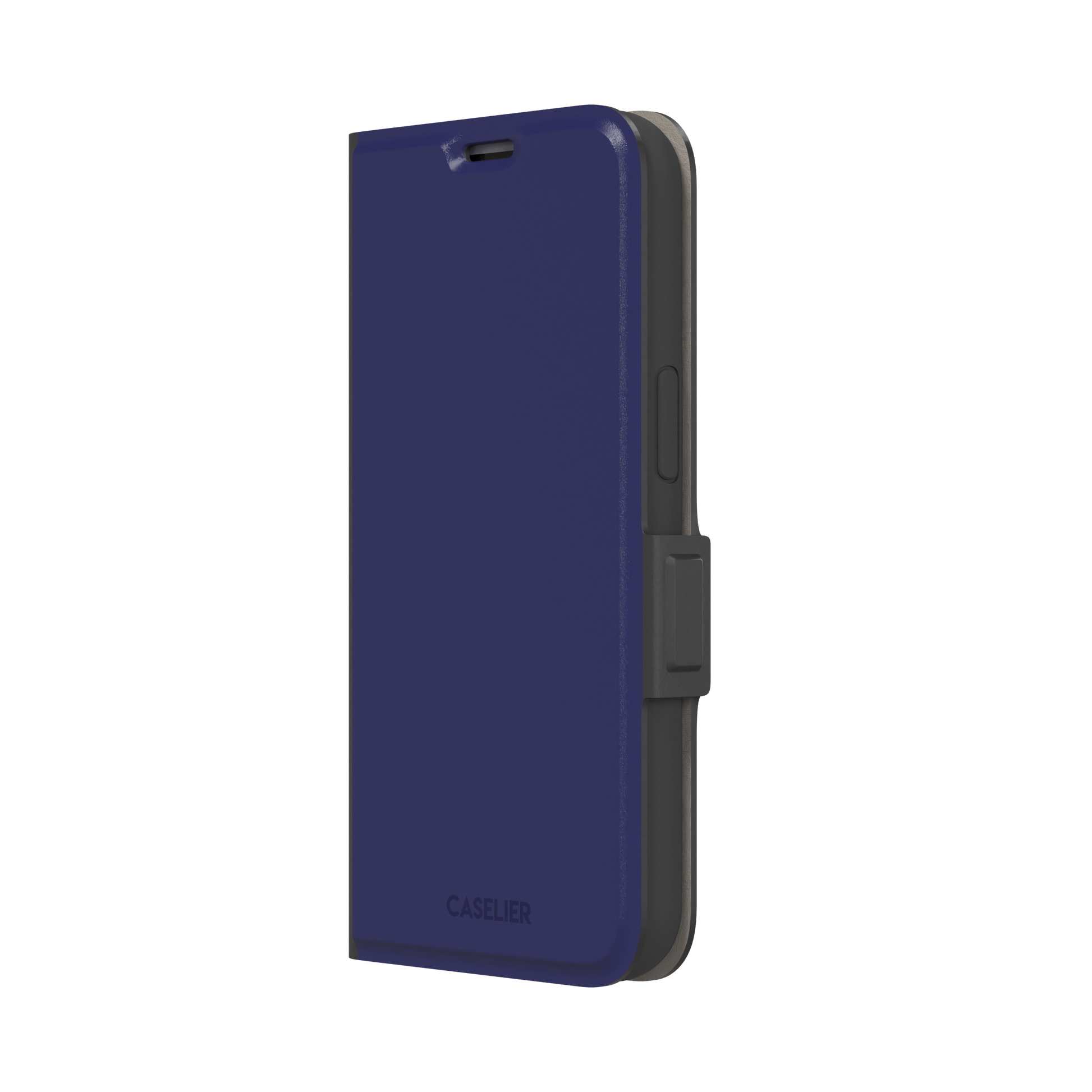 Dark navy solid-color phone case with smooth matte finish, phone case by Caselier — wallet case, right view