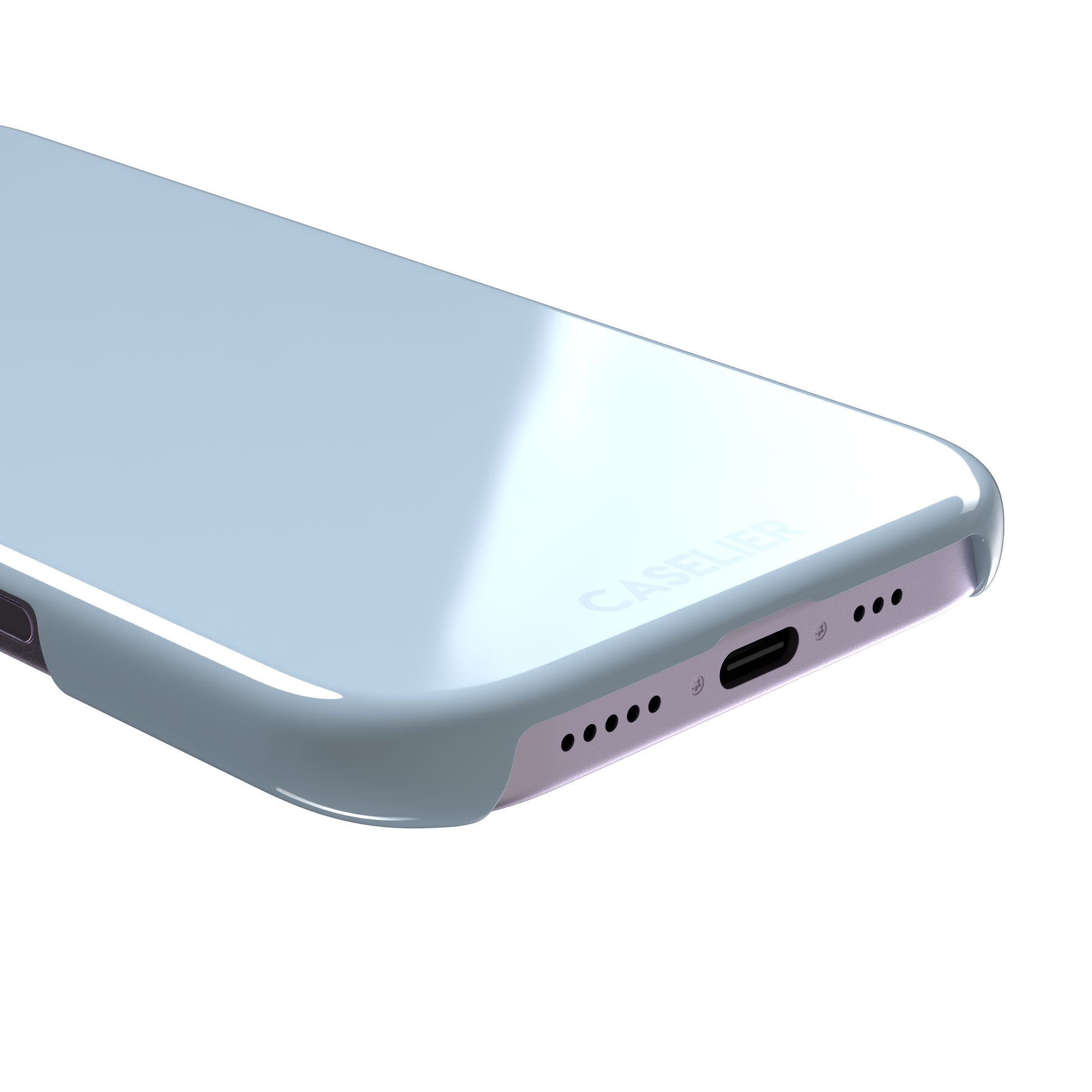 Pale powder blue solid-color phone case with smooth matte finish, phone case by Caselier — snap case, charging port detail