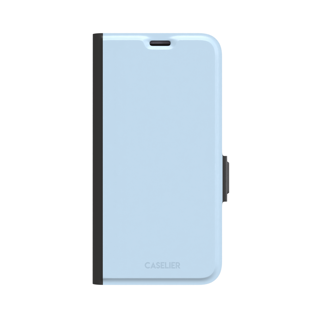 Pale powder blue solid-color phone case with smooth matte finish, phone case by Caselier — wallet case, front view